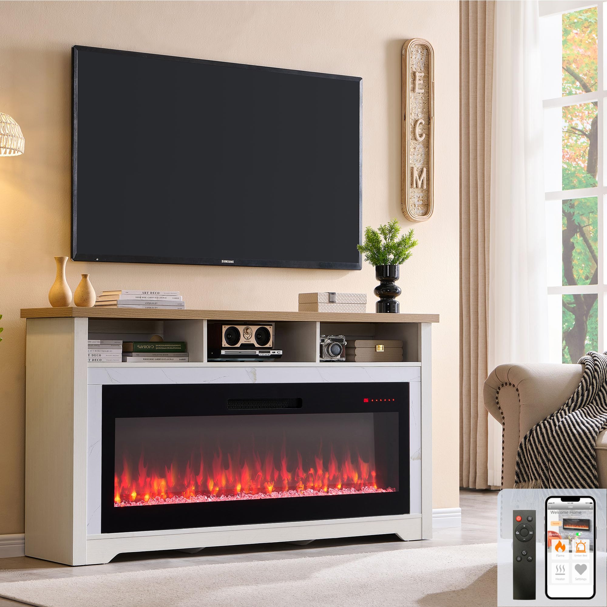 TV Stand with Electric Fireplace – Open Shelves, App & Voice Control, White