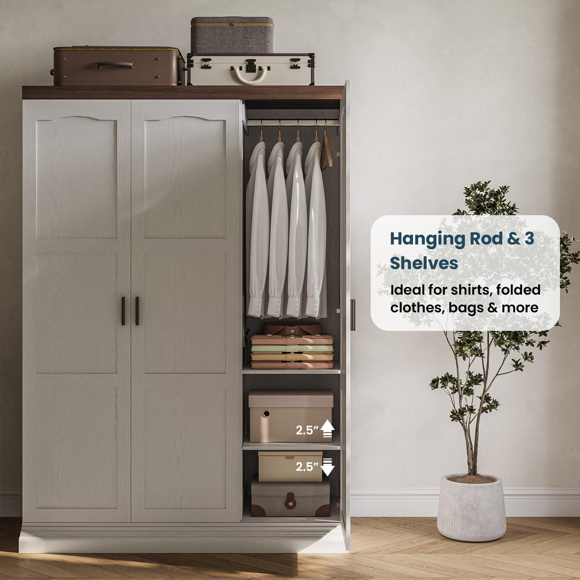 ANCTOR 3 Door Armoire Wardrobe Closet with Mirror, Large Wardrobe Closet with Doors, White Armoire for Bedroom with Hanging Rods & Shelves for Long Clothing, Short Clothing and Stacking, Modern