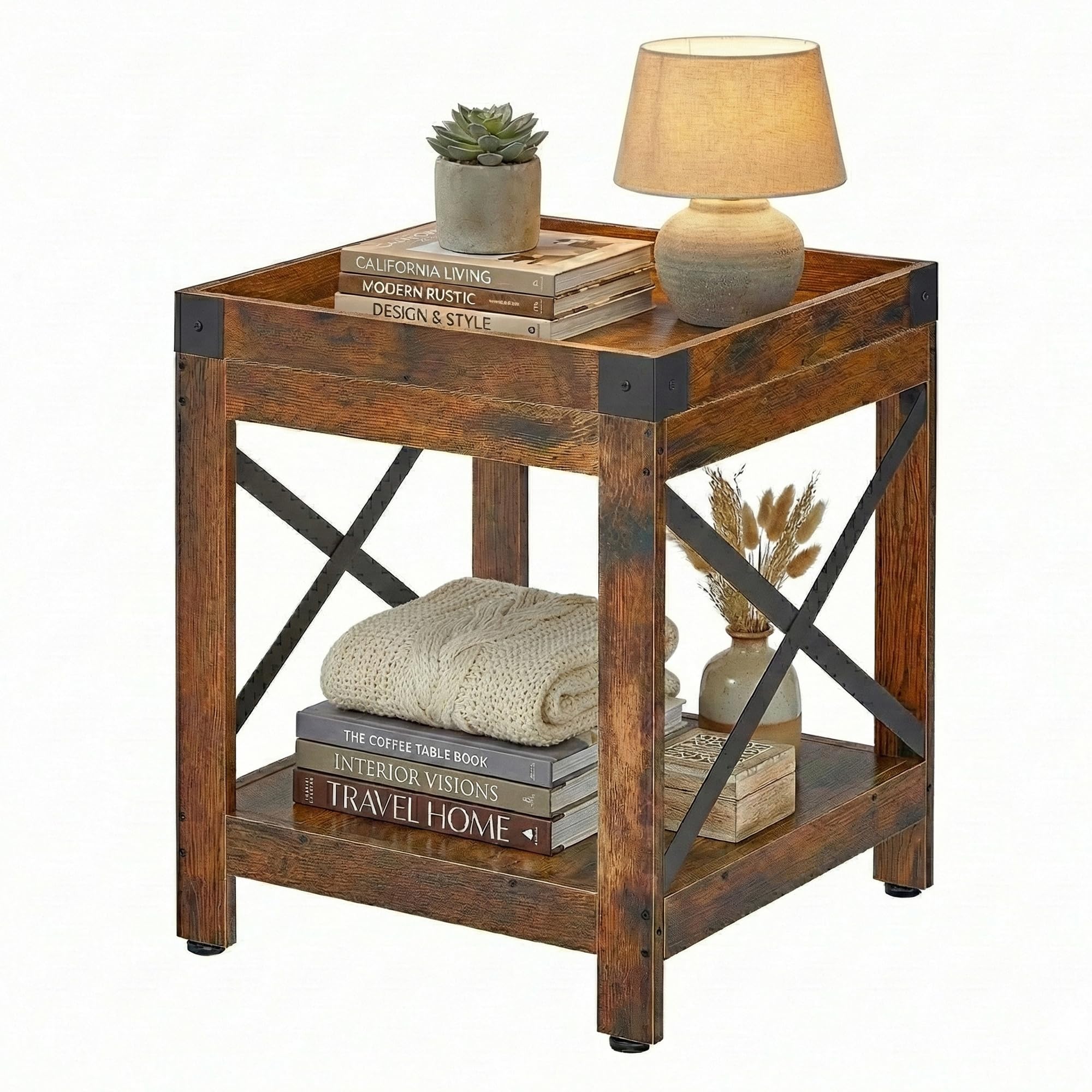 Farmhouse Square Side Table with Storage Shelf