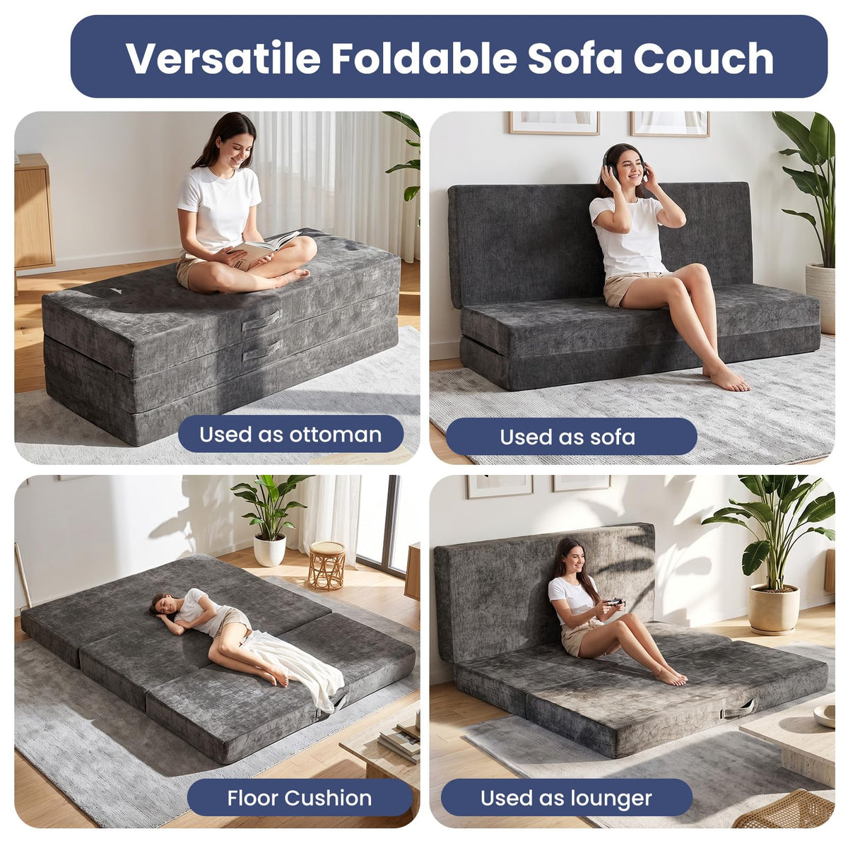 JUIKURY Cool & Breathable Chenille 6 Inch Memory Foam Foldable Futon Sofa Bed with Handles & Non-Slip Bottom, Covertible Sofa Bed for Guest, Camping, Dorm
