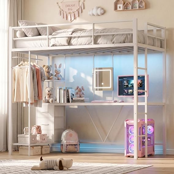 Twin Loft Bed with Desk, Vanity & Storage Drawers