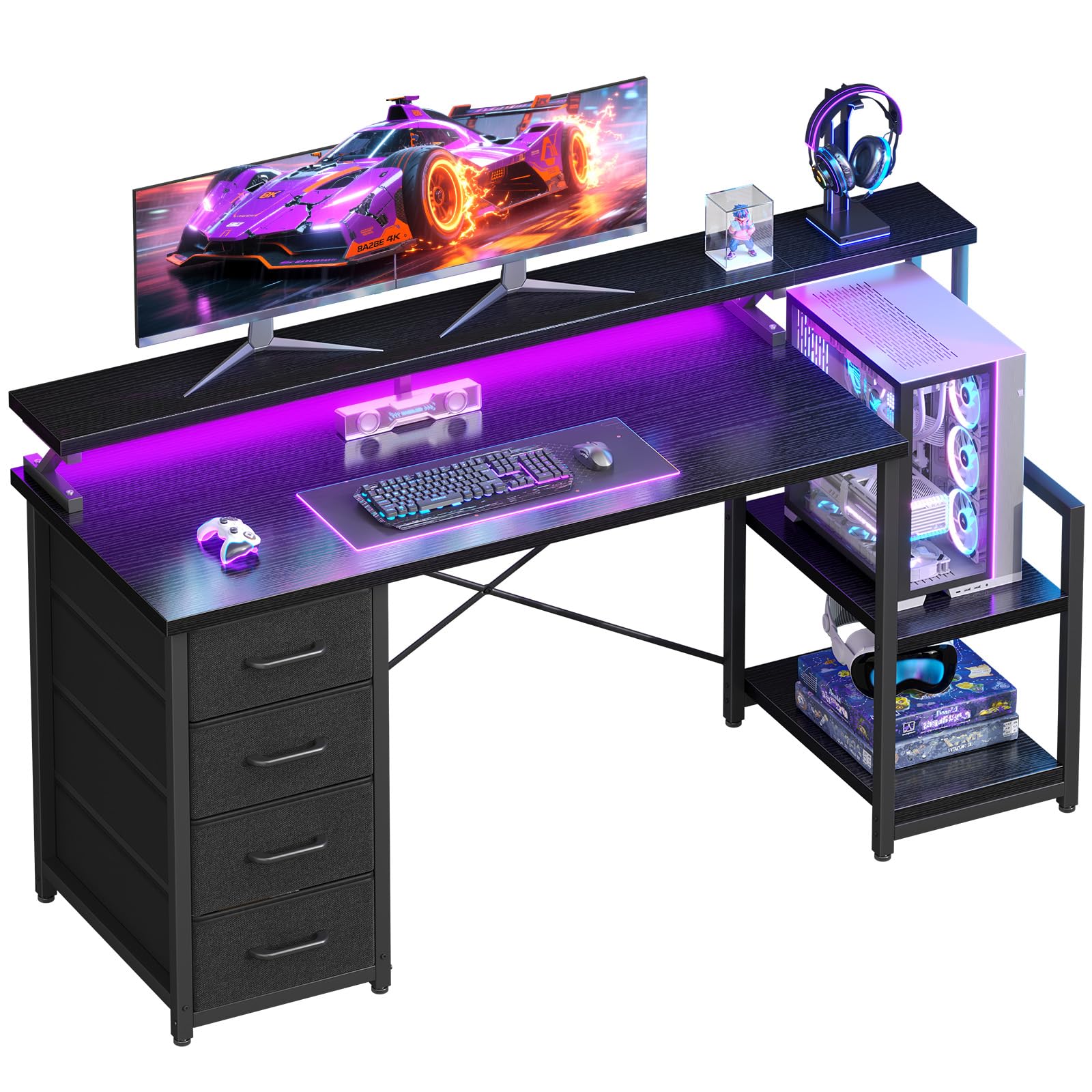 55" Computer Desk with LED Lights & 4 Drawers
