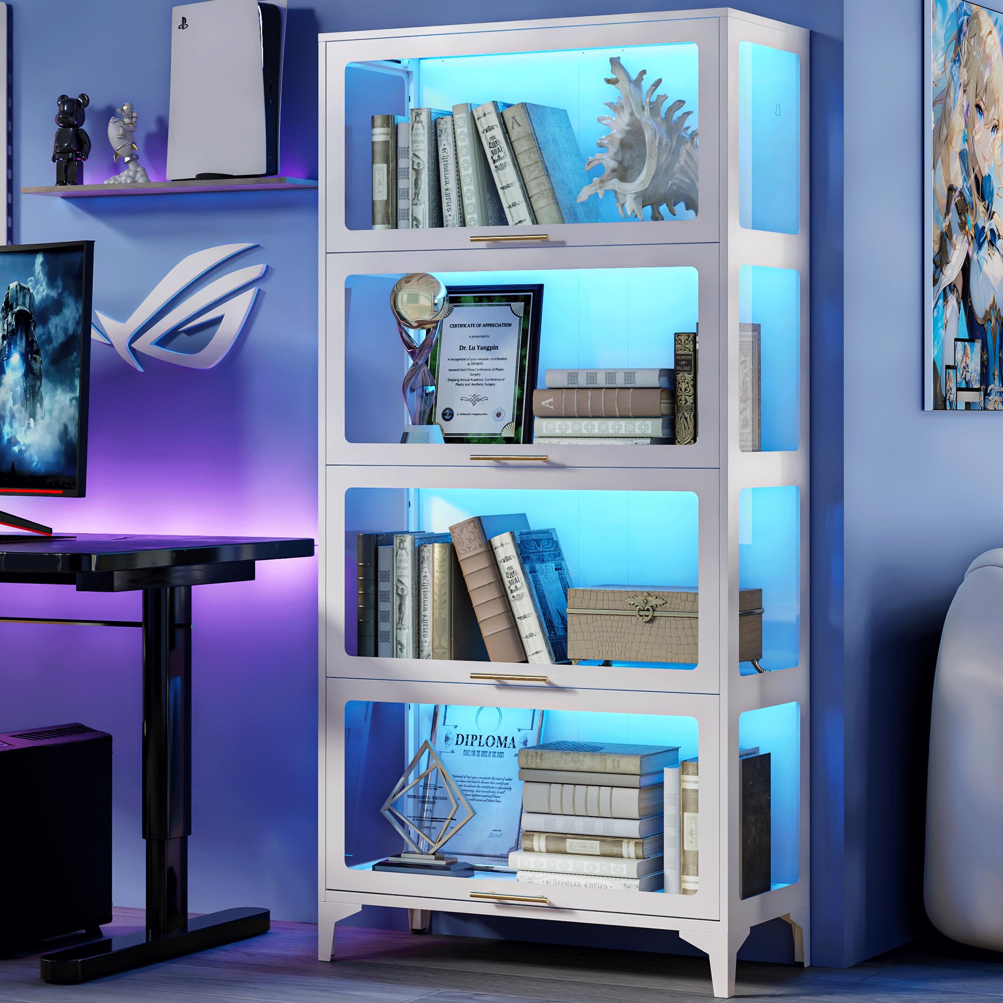 NadooLite 4-Tier LED Lighted Display Cabinet with Glass Doors, Curio Storage Cabinet for Collectibles, Glass Display Case, Modern Tall Showcase Cabinet for Living Room, Home Office and Study, White