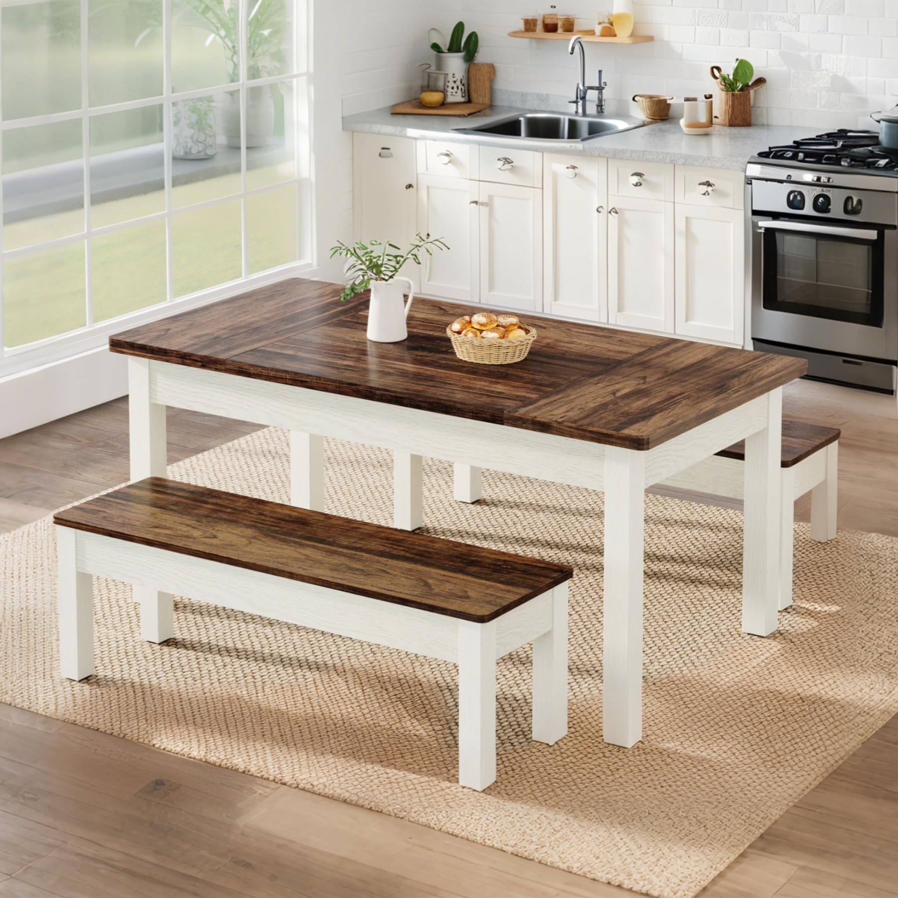 55" Farmhouse Dining Table Set with 2 Benches