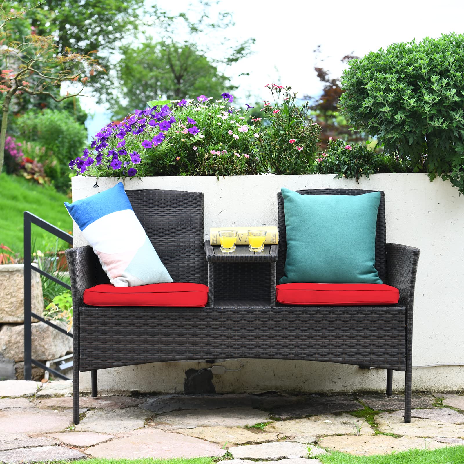 Outdoor Wicker Loveseat Sofa Set with Built-In Coffee Table