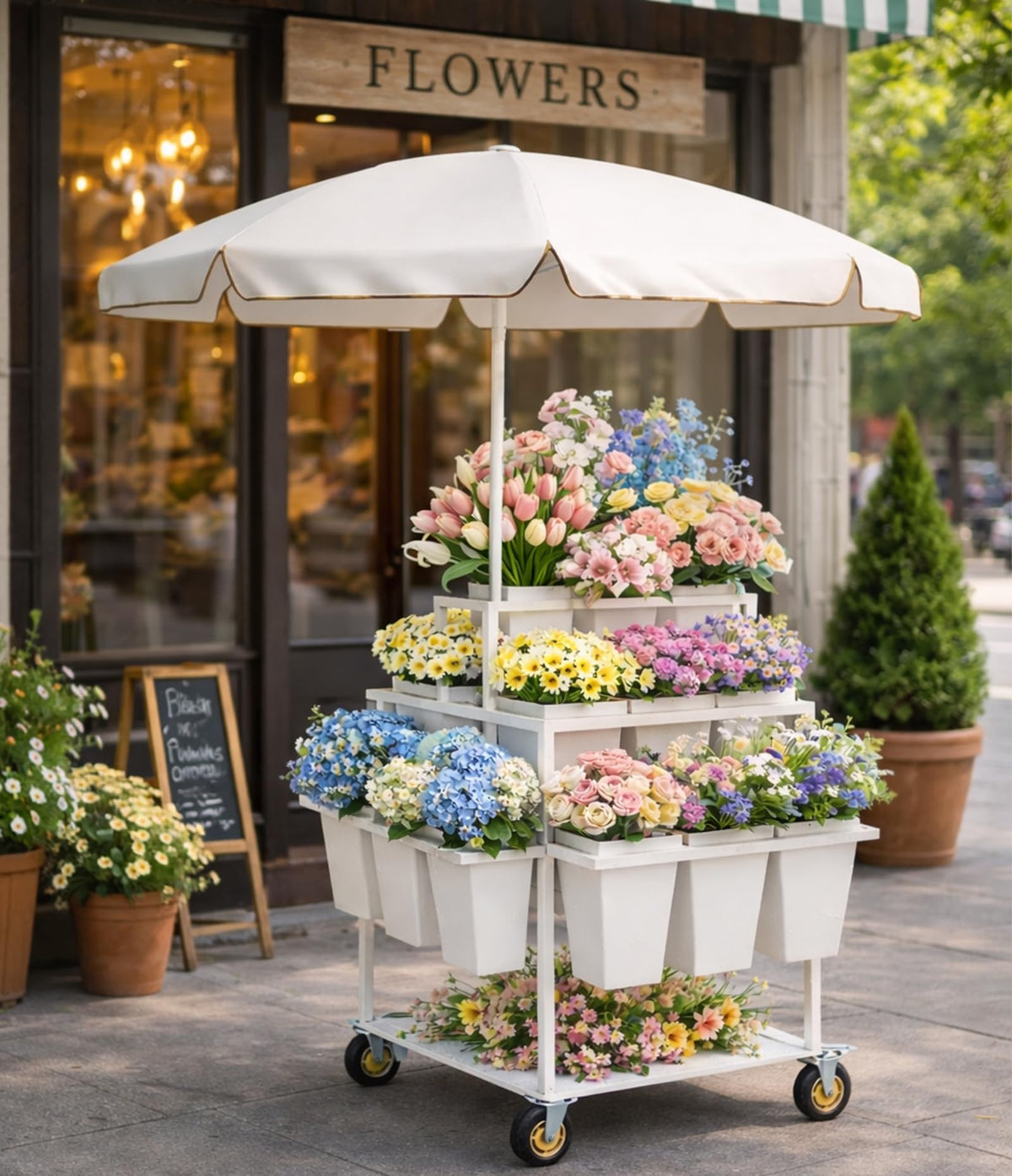 FEFZSFER Heavy Duty Flower Cart Display Stand with Umbrella, Rolling Flower Cart with 18 Buckets,Flower Carts with Wheels For Flower Shops, Markets, Events (White)