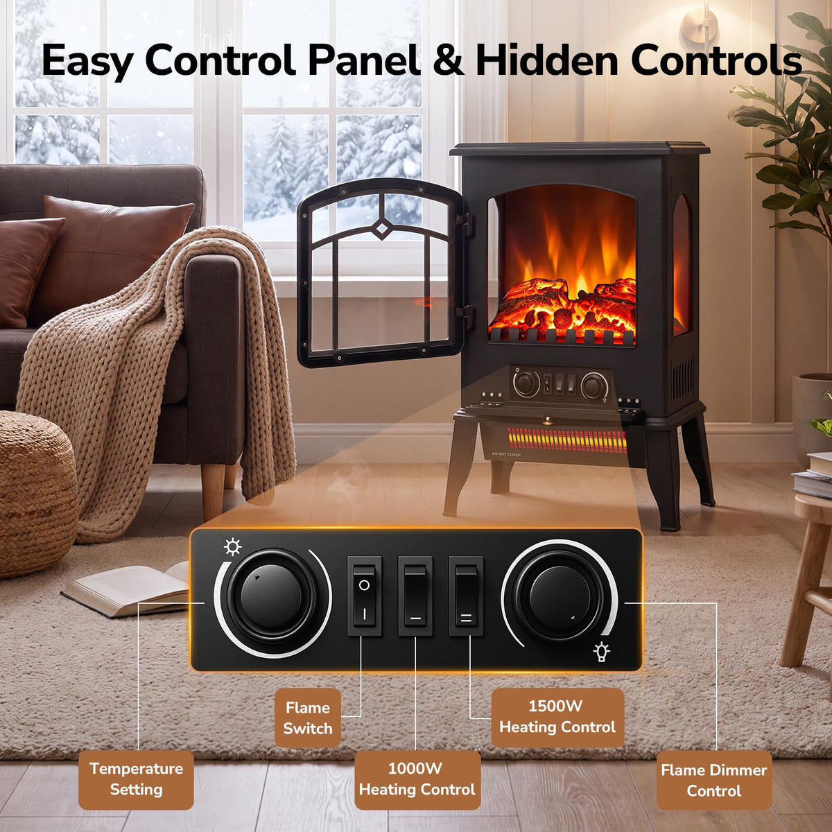 Electric Fireplace Heater Stove with 3D Flame, 1000/1500W & Flame-Only Mode