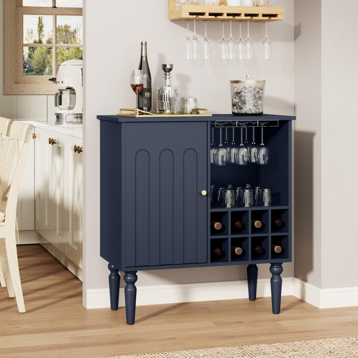 Surmorn Arched Fluted Coffee Bar Cabinet with Storage& Wine Racks, Blue