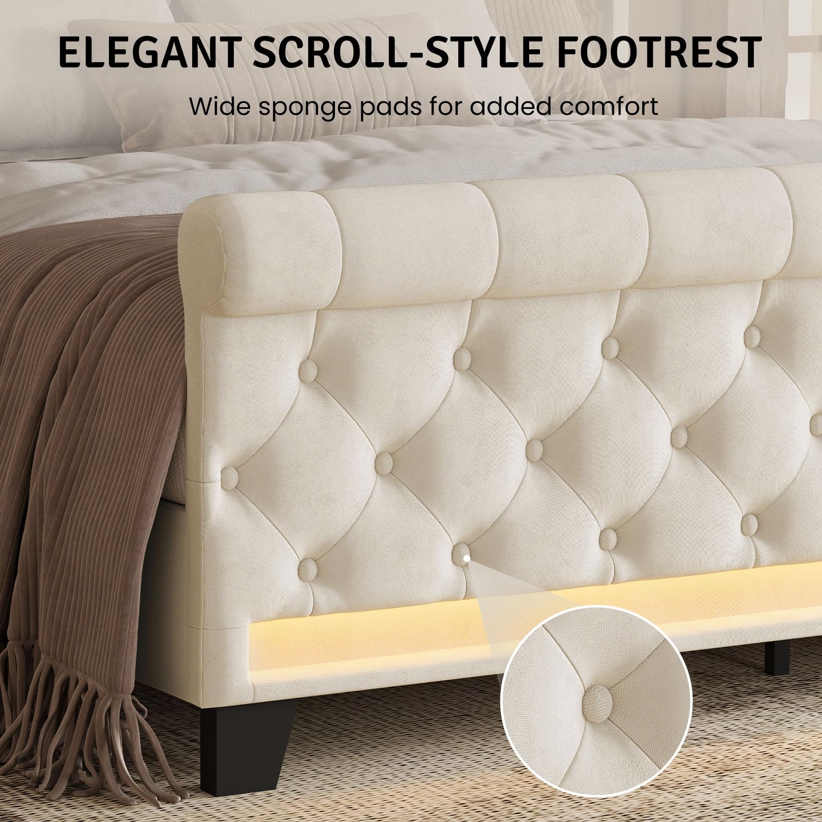 Upholstered Velvet Platform Bed Frame with LED Lights & Charging Ports