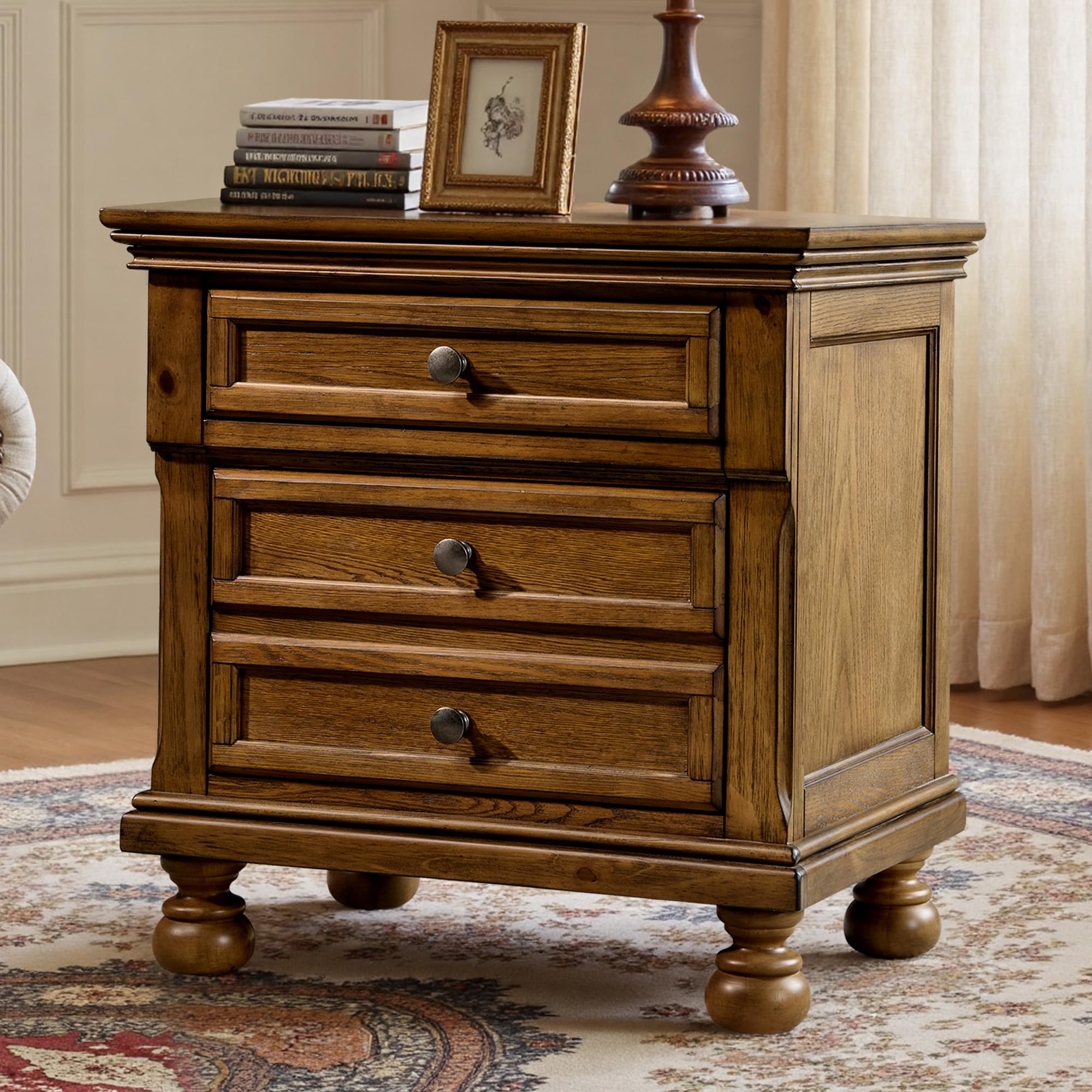 LUXOAK Fully Assembled Solid Wood Nightstand Set of 2 with 2 Drawers, Traditional Bedside End Table with 2 Storage Drawers for Bedroom, Light Brown
