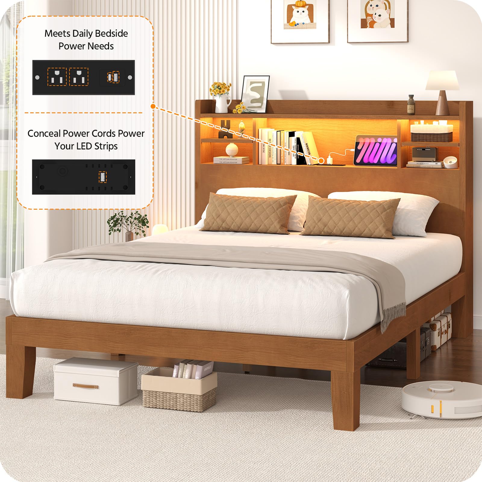 Solid Wood Bed Frame with RGB LED Headboard | Remote & App Control