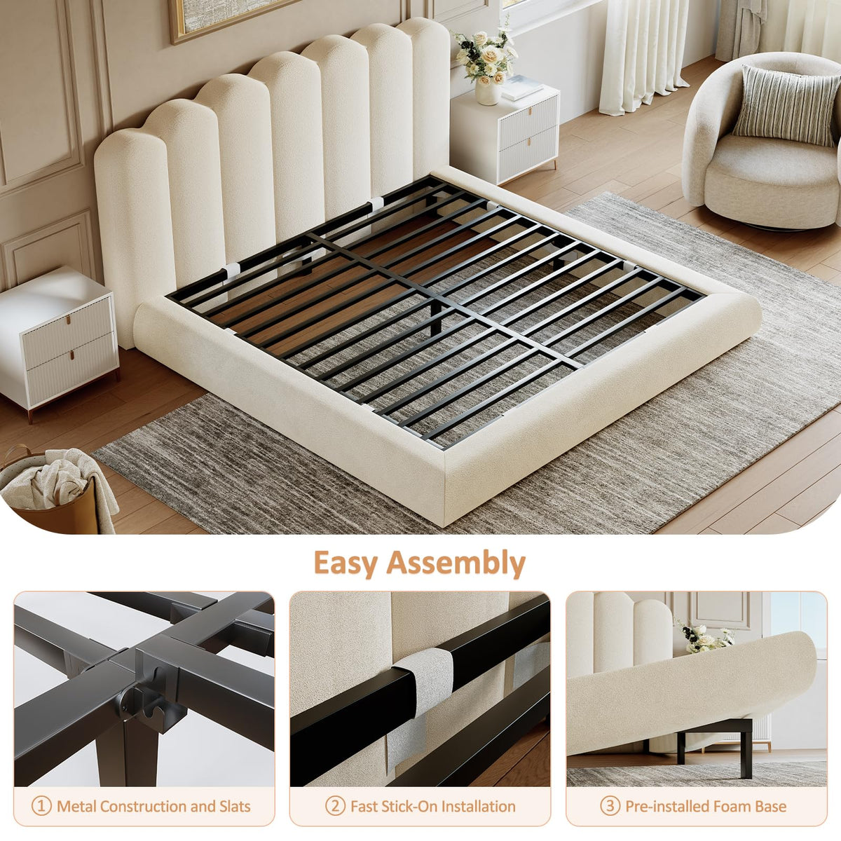 Glirun King Size Cloud Bed Frame with Wave Headboard, Upholstered Platform Bed with Velvet Finish, Sturdy Metal Slat Support, Noise-Free, No Box Spring Needed, Cream White