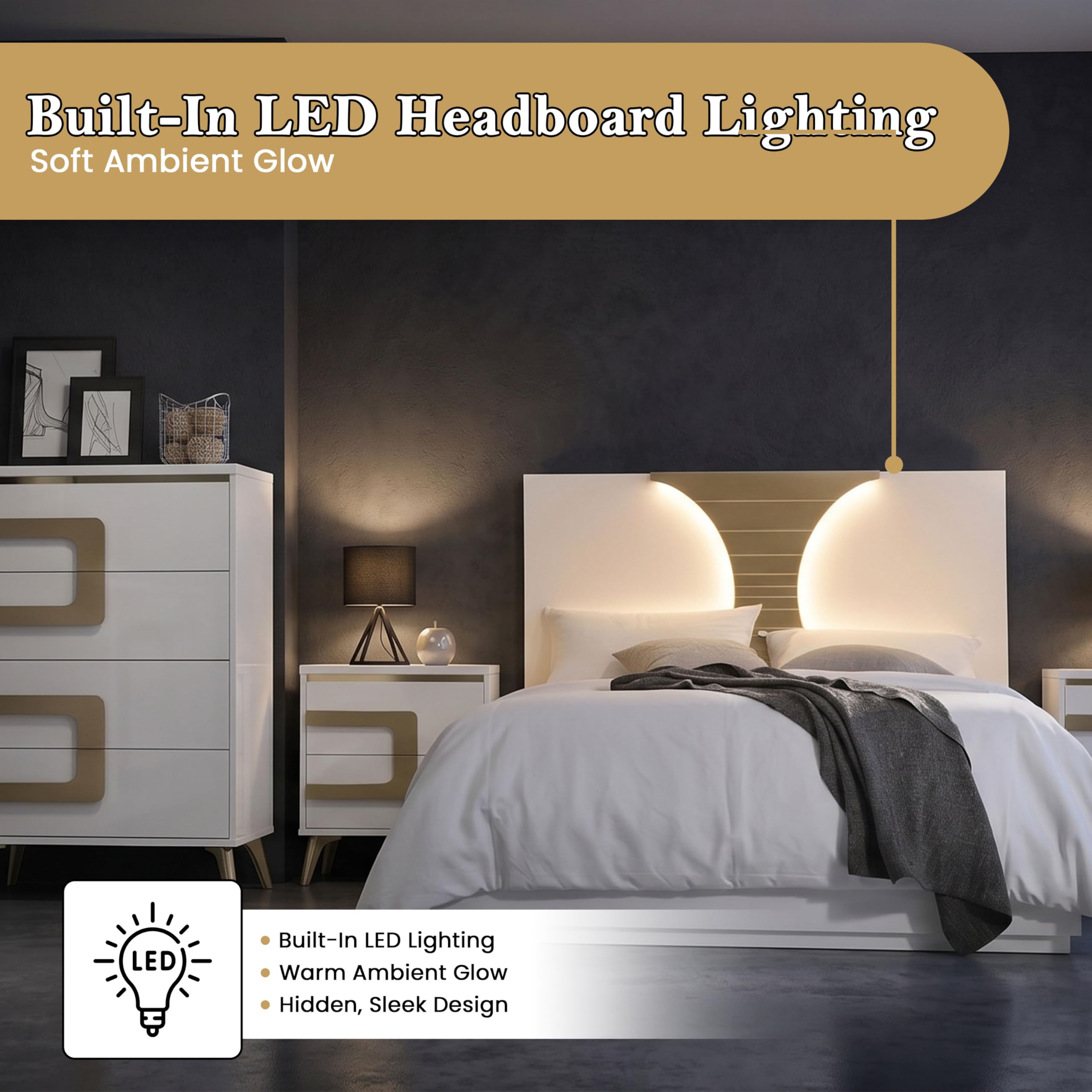 Claire 6-Piece Bedroom Set with LED Headboard – White & Gold