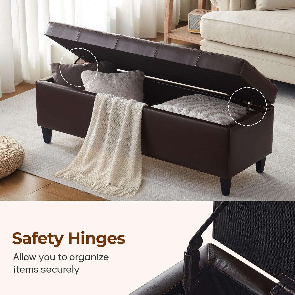 51" Storage Bench, Leather Tufted Storage Ottoman Bench with Wooden Legs