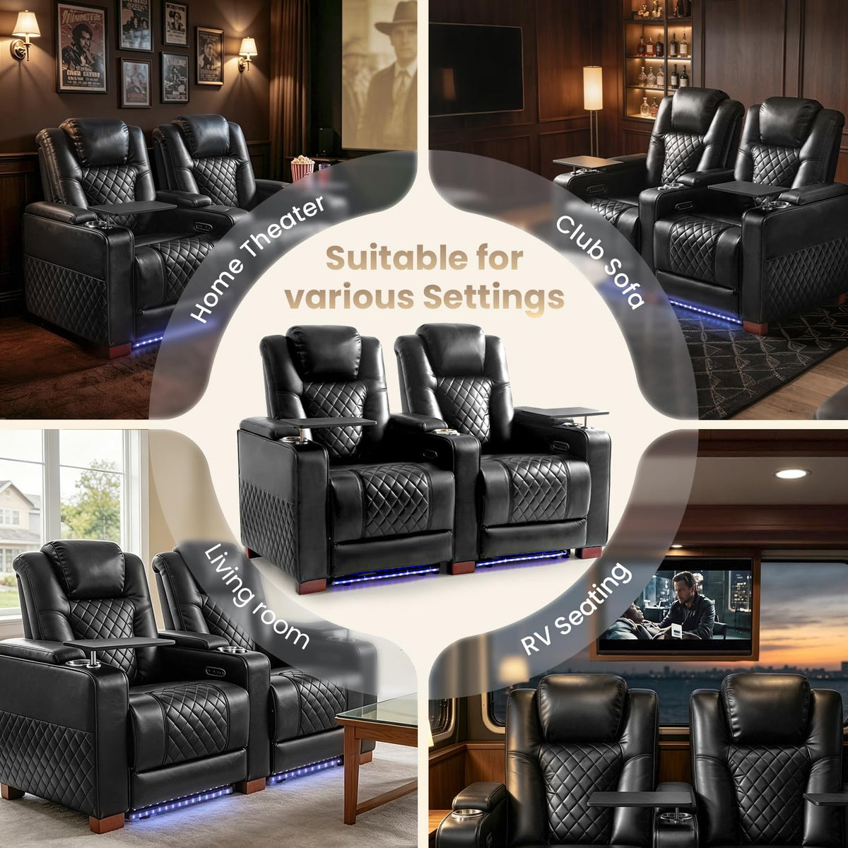 MBBMW Home Theater Seating, 5 Seat Power Recliner Sofa, Large Faux Leather Movie Couch with Adjustable Headrest, Ambient LED Lighting, USB Ports, Cup Holders and Hidden Arm Storage for Living Room