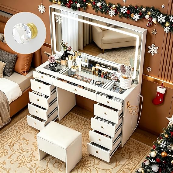 Vanity Desk with Foldable Mirror & LED Lights