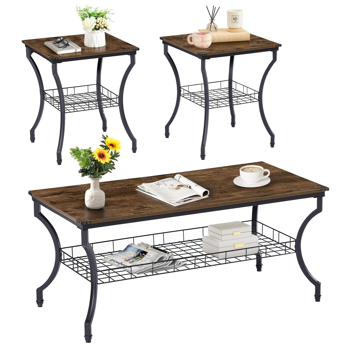 VECELO 3 Pieces Living Room Table Sets, Coffee and End Tables with Open Storage Shelves for Apartment, Home Office, Small Space, Easy Assembly, Brown