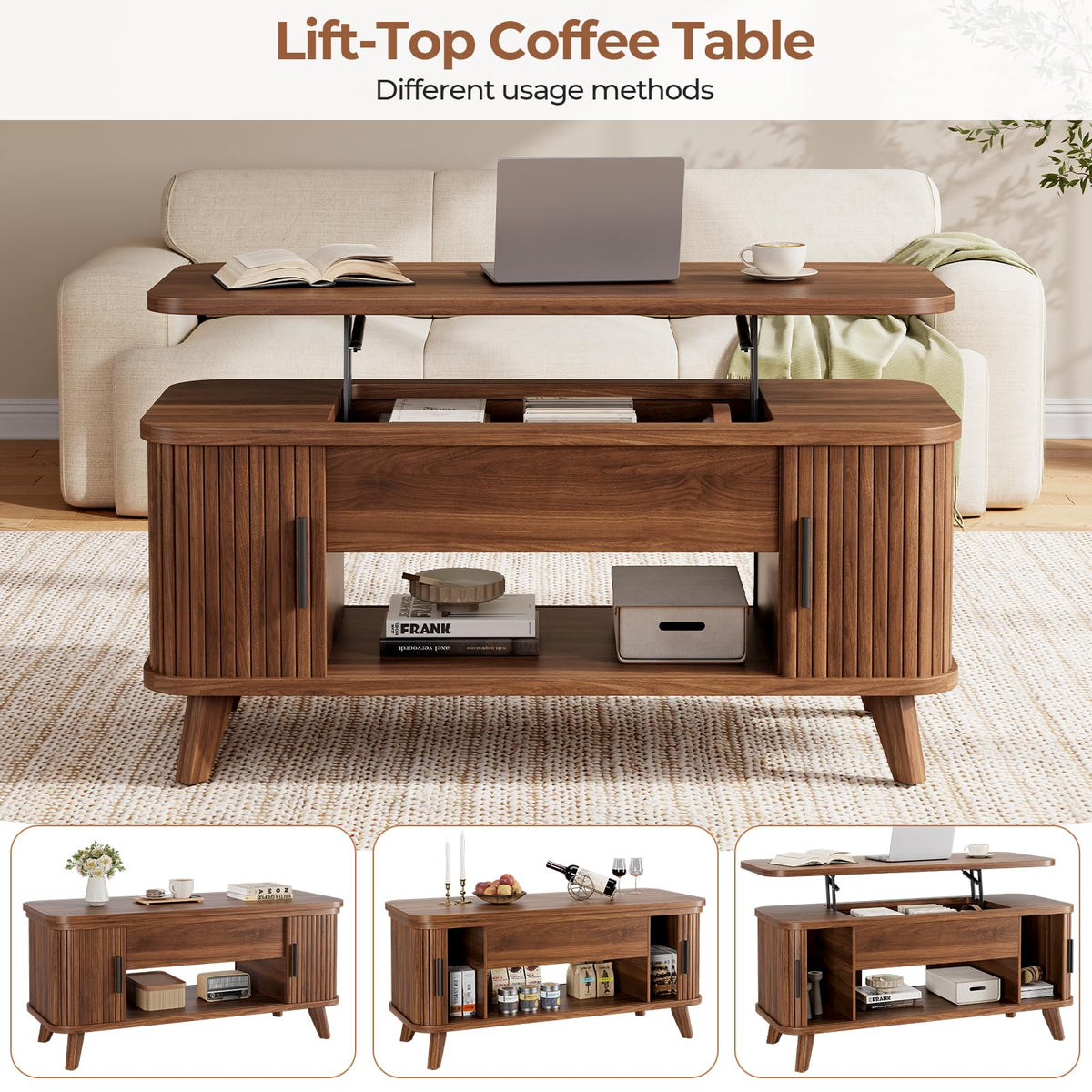 Mid Century Lift Top Coffee Table with Hidden Storage, Brown