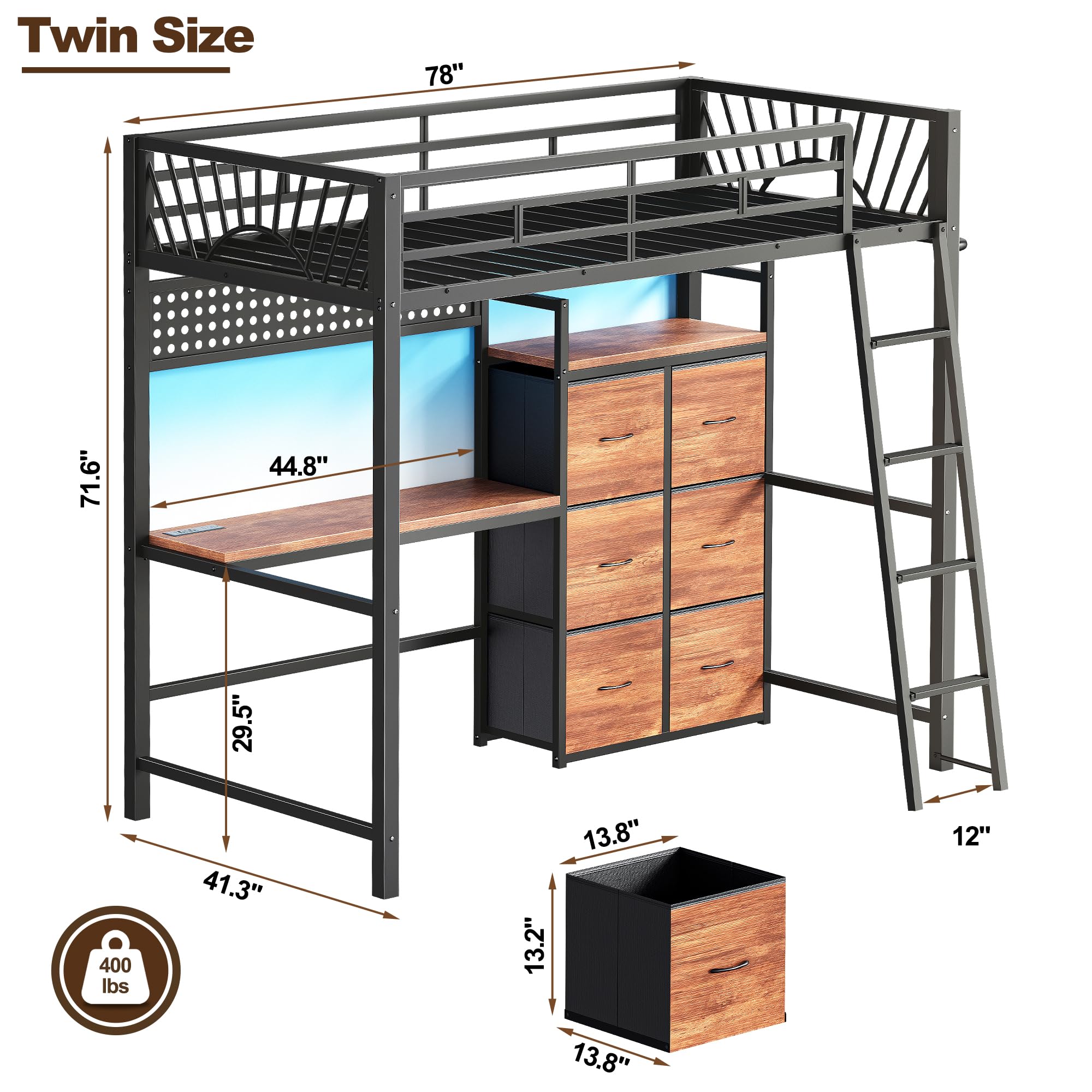 Twin Loft Bed with Desk & 6 Storage Drawers