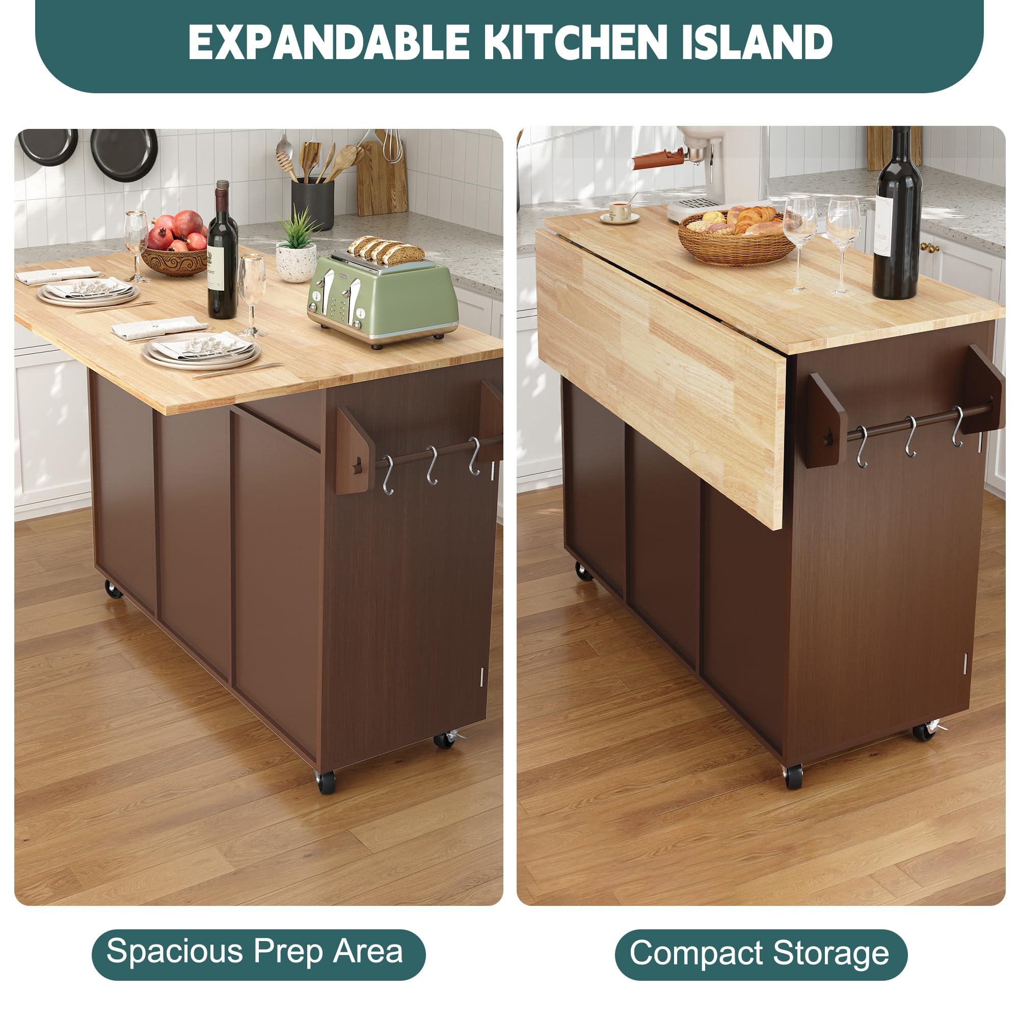 MROJISC Kitchen Island Cart with Storage, Rolling Kitchen Island On Wheels with Solid Wood Drop Leaf Breakfast Bar, Barn Door Island Table for Kitchen with Spice Rack & Towel Rack, Brown