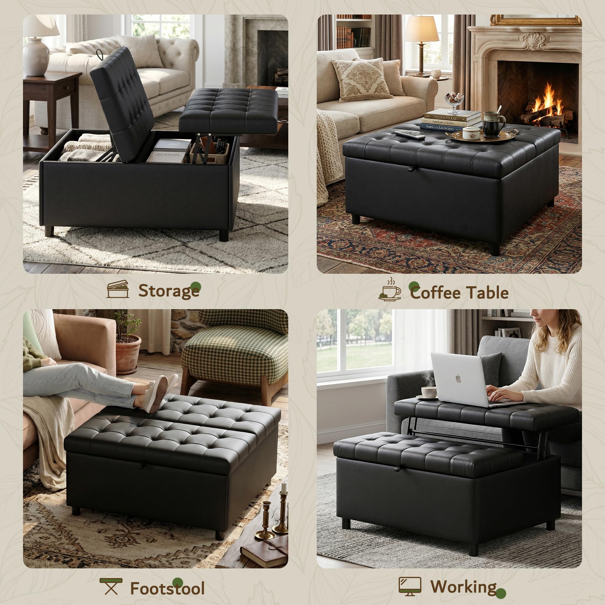 LINLUX Extra Large Leather Storage Ottoman, 35.5 Inch Large Square Lift Top Ottoman Coffee Table with Storage, Tufted Leather Ottoman Footrest Toy Box for Living Room, Black