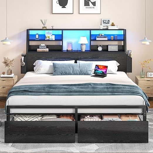 Bed Frame with Storage, LED Lights & Charging Station