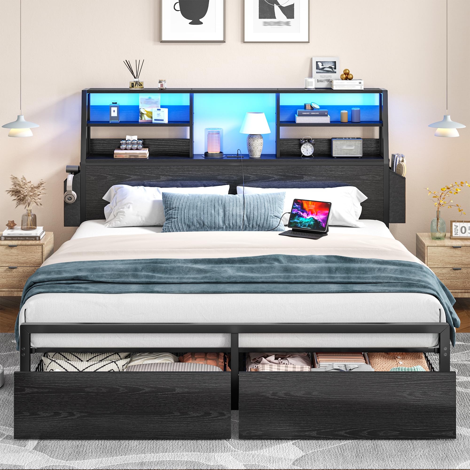 Bed Frame with Storage, LED Lights & Charging Station