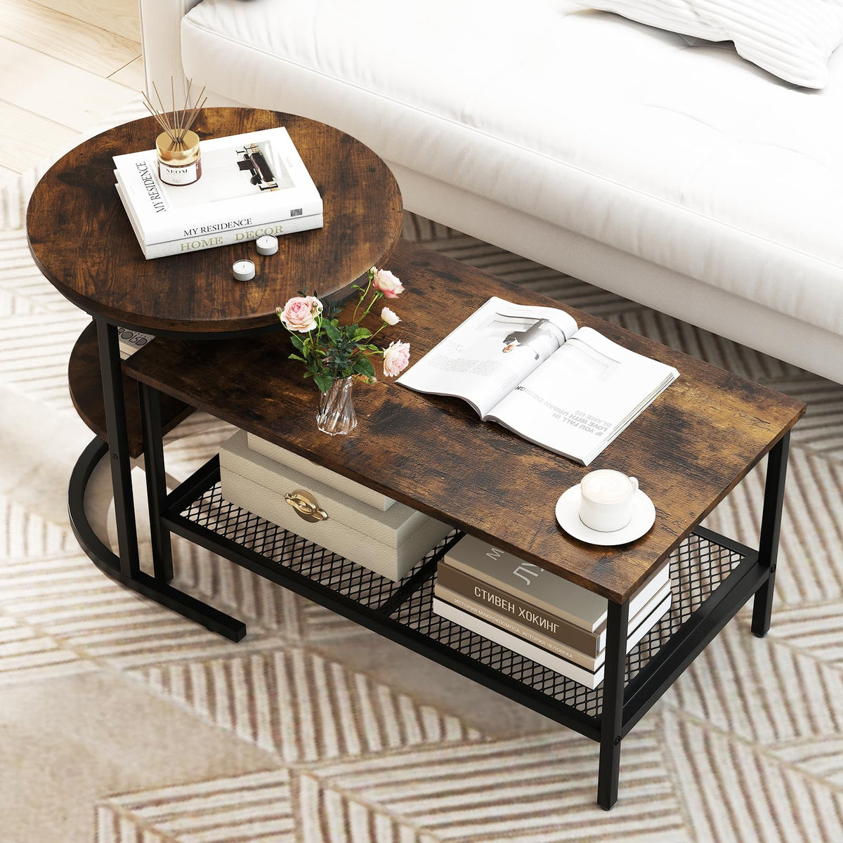 KOTEK Nesting Coffee Table Set of 2, Detachable Rectangular Coffee Table & Small Round End Table Set, Faux Marble Pattern & Sturdy Metal Frame, Modern Nesting Tables for Living Room (Brown)
