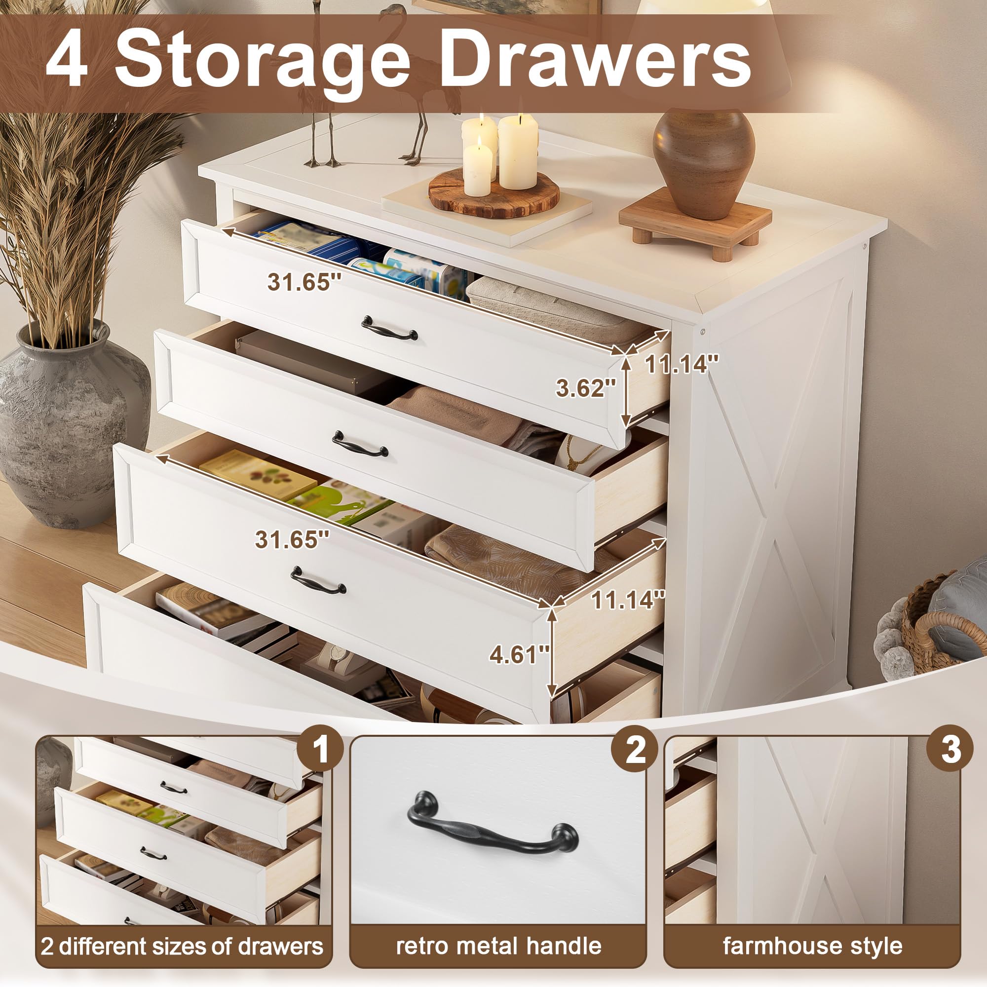 4 Piece Bedroom Set, Farmhouse Queen Size Bedroom Furniture Sets with Storage Nightstands and 1 Dresser, Bedroom Furniture Sets with Wooden Platform Bed Frame for Bedroom, White