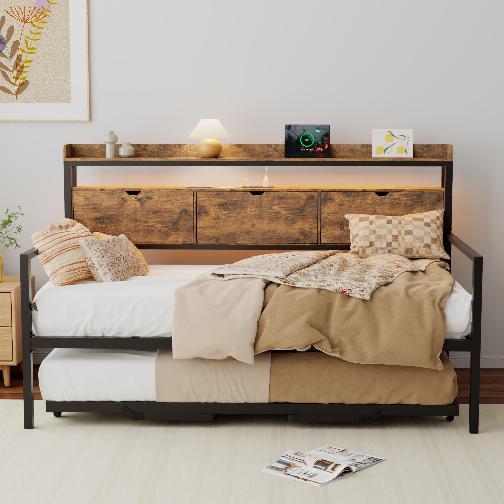 MU Twin Daybed with Trundle and Storage Headboard, Heavy Duty Metal Twin Bed Frame with Charging Station & LED Light, Day Bed with Pop Up Trundle Bed Twin for Living Room, Bedroom, Rustic Brown