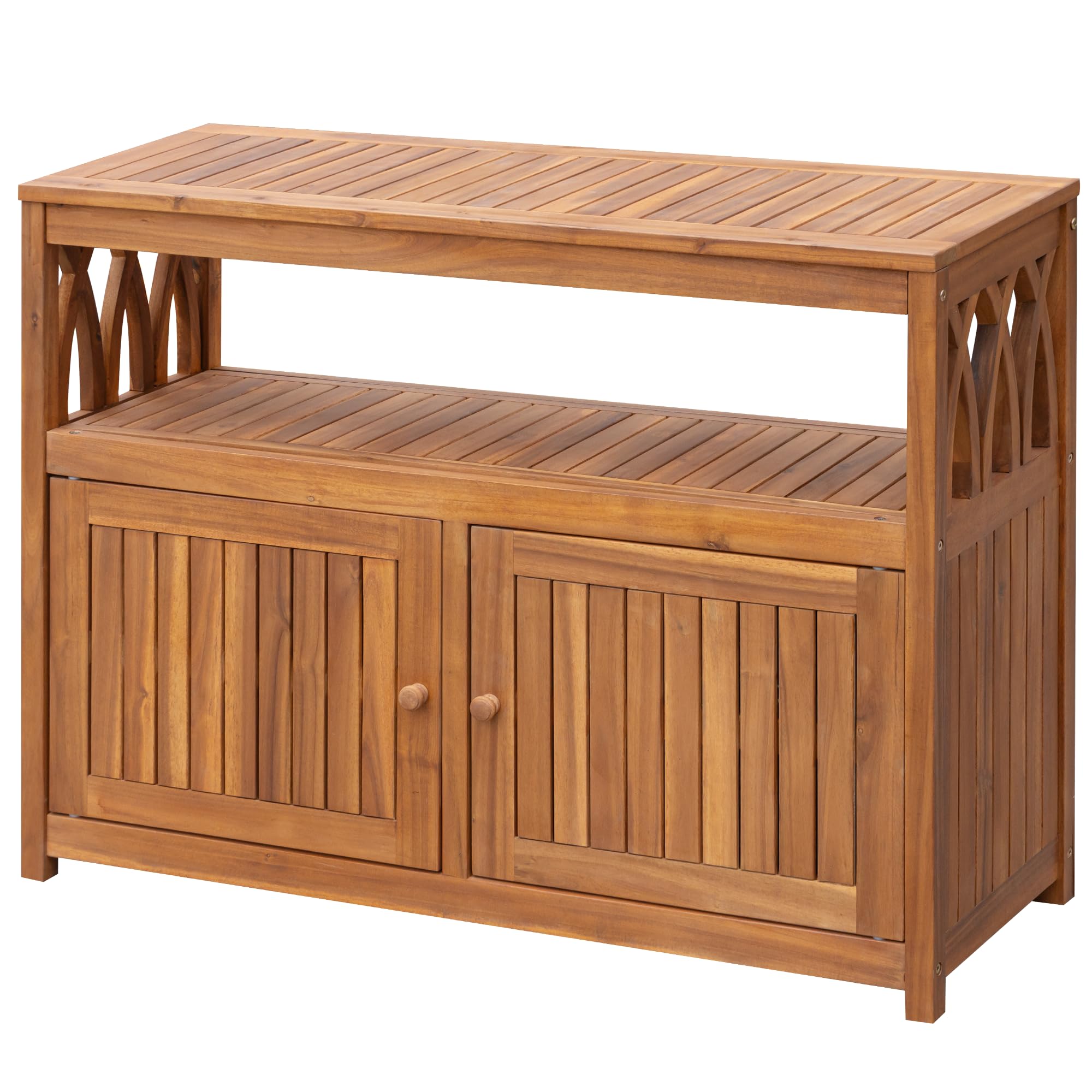 2-Tier Acacia Wood Outdoor Storage Cabinet with Magnetic Doors