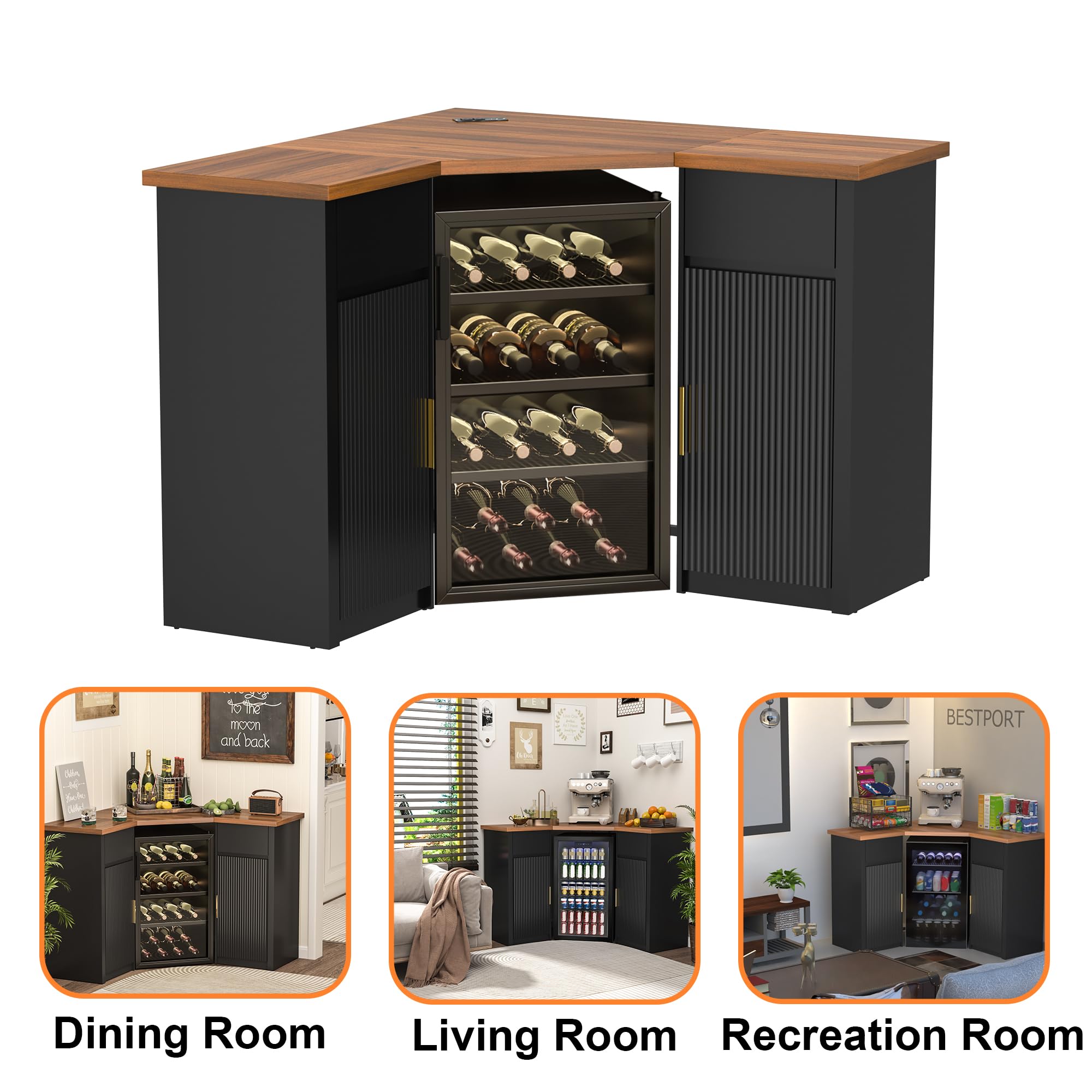 Corner Bar Cabinet with Fridge Space & Storage