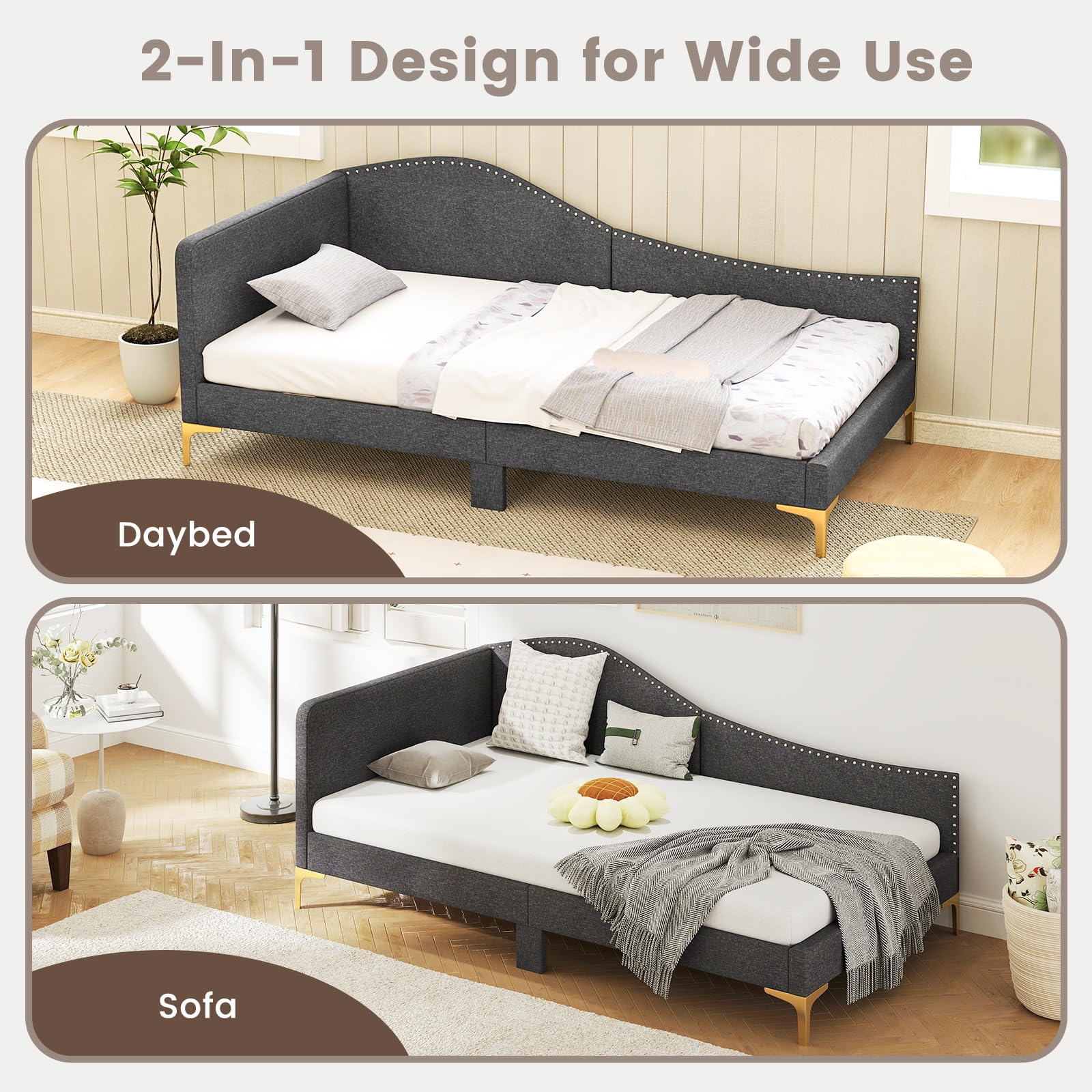 Giantex Twin Size Upholstered Daybed, Rivet-Tufted Platform Bed with Headboard, Metal Legs & Wood Slats, L-Shaped Corner Sofa Bed for Living Room & Guest Room, No Box Spring Needed, Grey