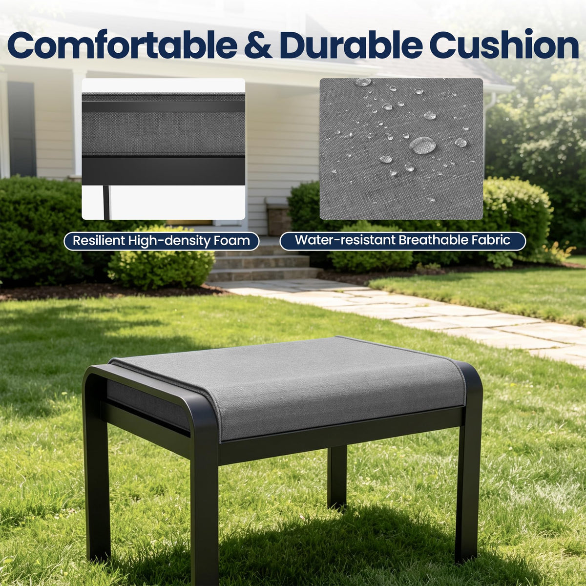 ASJMR 2 Pieces Patio Ottomans, Aluminum Outdoor Ottoman with Removable Cushion, Oversized Outdoor Footstools, Additional Seating, Side Table, Multipurpose Outdoor Footrests for Balcony, Garden, Grey