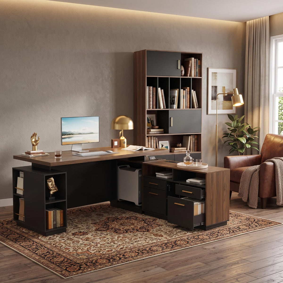 ModernMate 71" L Shaped Standing Desk & 73.3" Tall Bookcase Cabinet Set