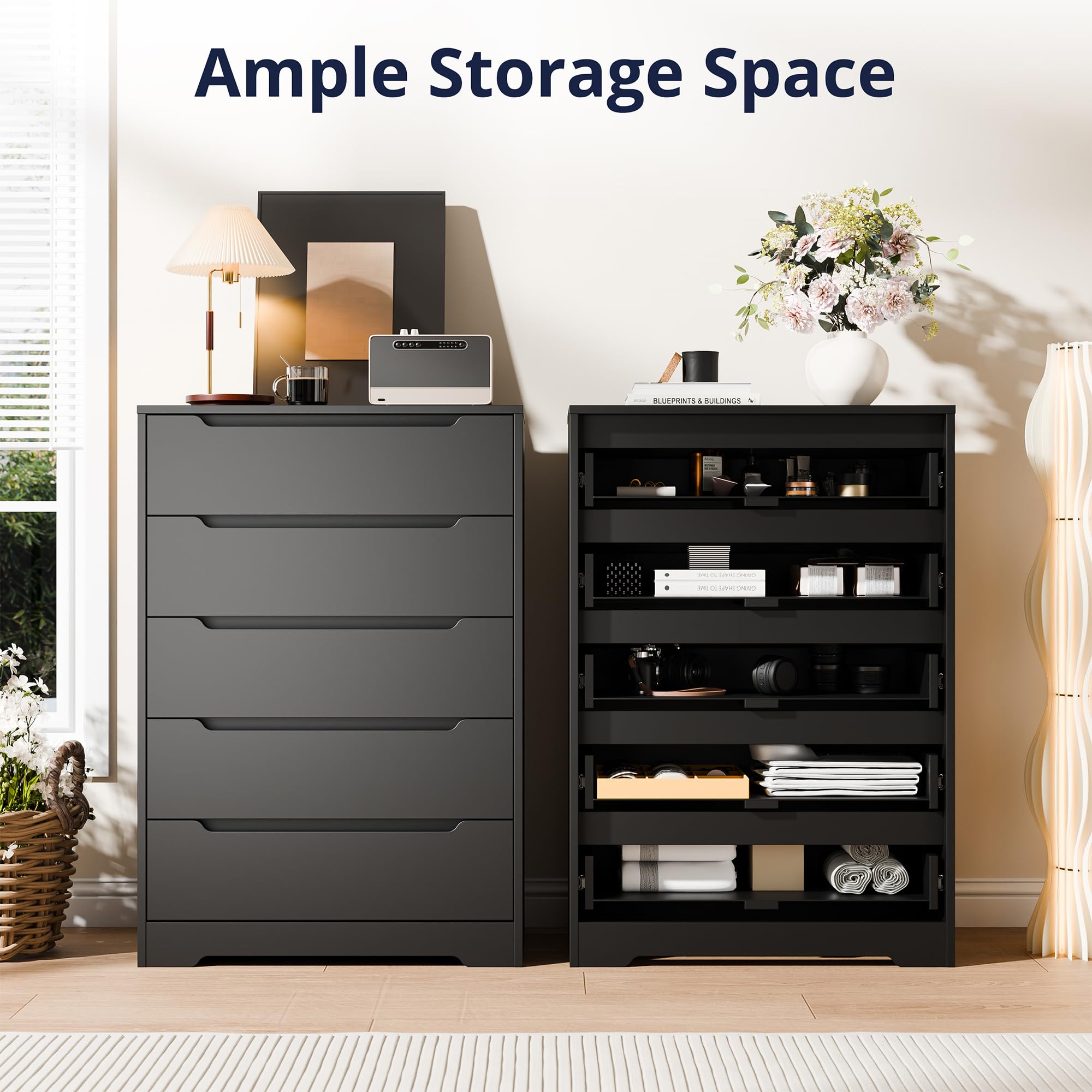 Cozy Castle 5 Drawer Dressers, Modern Chest of Drawers Large Organizer, Wood Accent Storage Cabinet for Living Room, Home Office, Entryway, Black