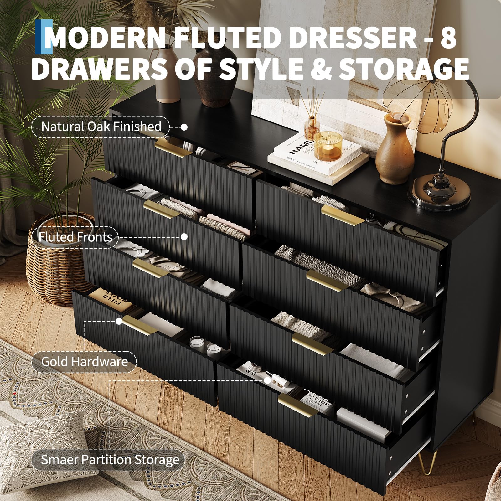 GAOMON Modern Fluted 8-Drawer Dresser - 55" Wide Wood Chest with Metal Handles - Multi-Use Bedroom Clothes Storage Cabinet & TV Stand - Contemporary Furniture, Black