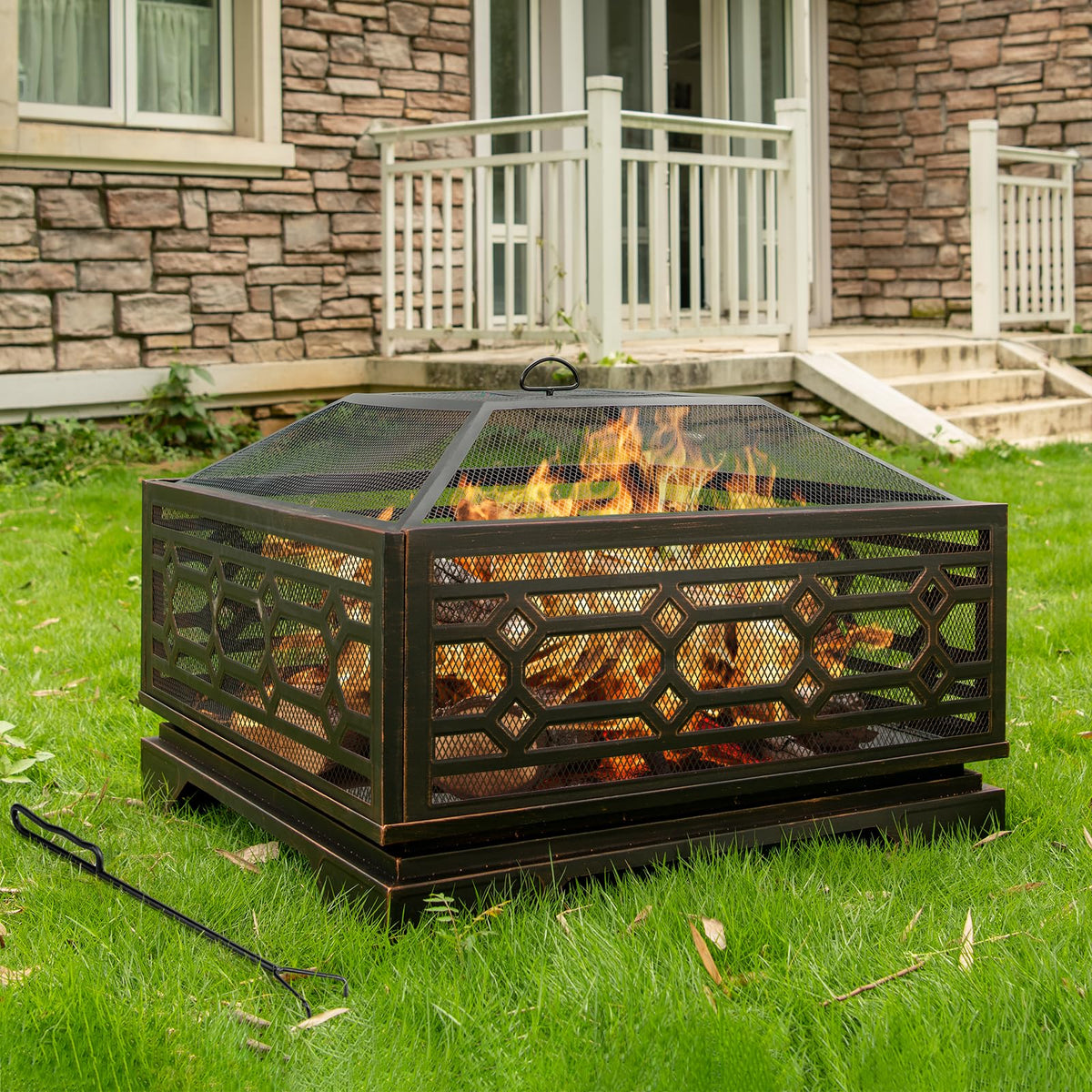 32 Inch Outdoor Fire Pit, Wood Burning Outside Fireplace with Mesh Cover