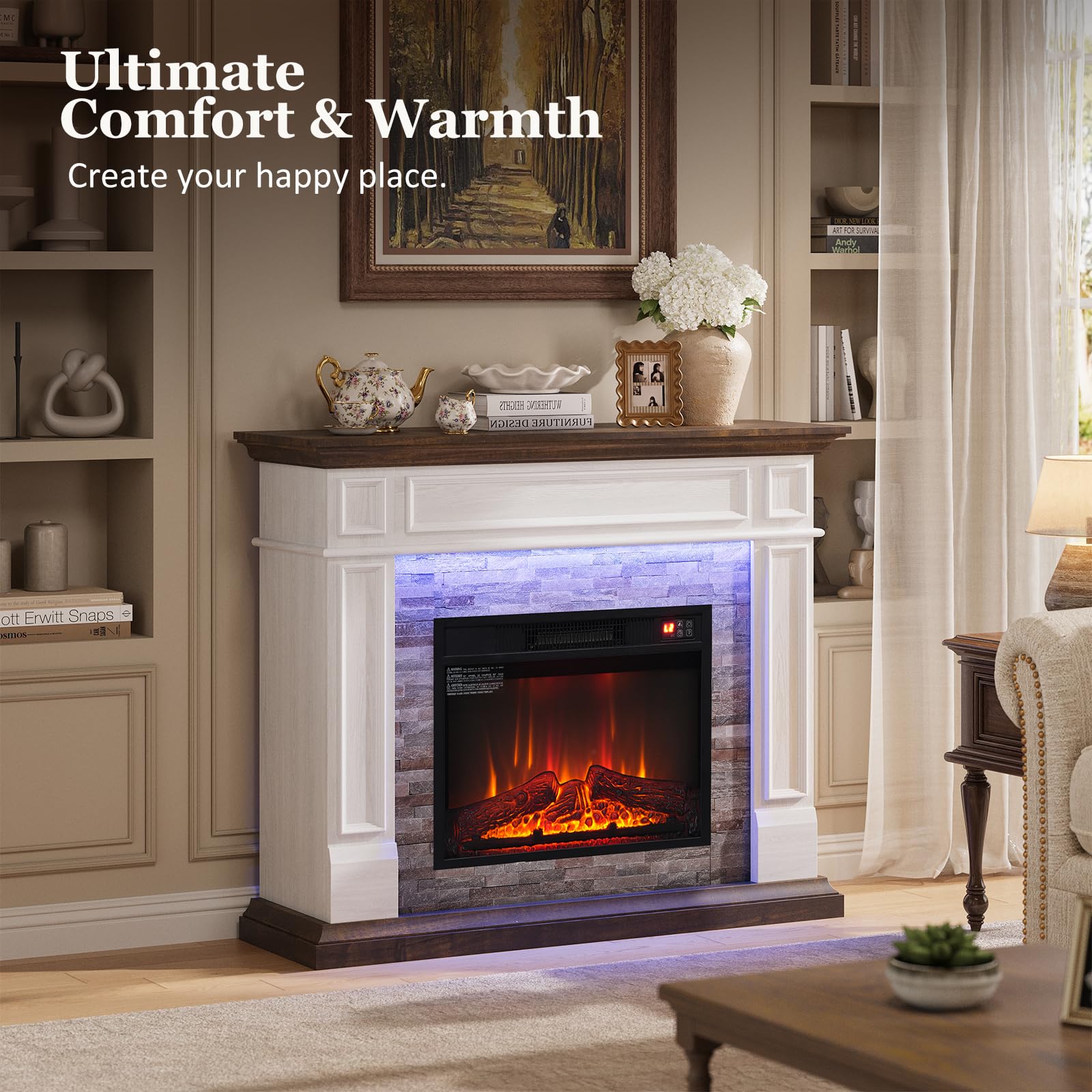44 Inch Electric Fireplace Mantel with LED Farmhouse TV Stand, Stacked Stone Surround, 23" Insert, Freestanding Entertainment Center, 3D Flame Heater for Living Room, Bedroom, White & Brown