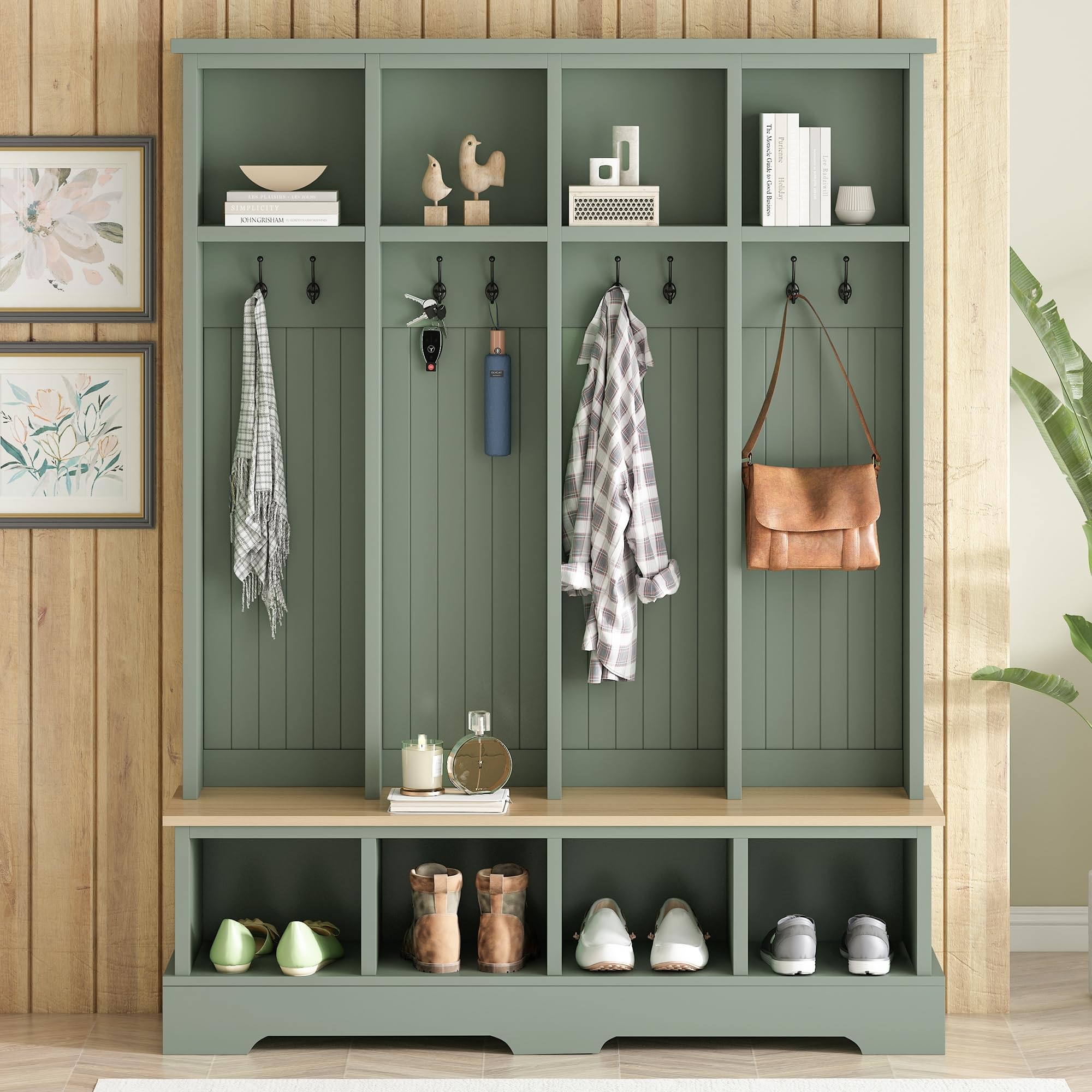 Farmhouse Hall Tree with Bench & Shoe Storage