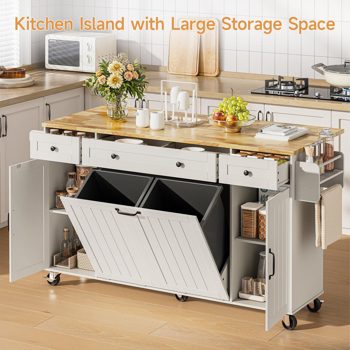 ONBRILL 69" Kitchen Islands with Dual Trash Can Cabinets, White