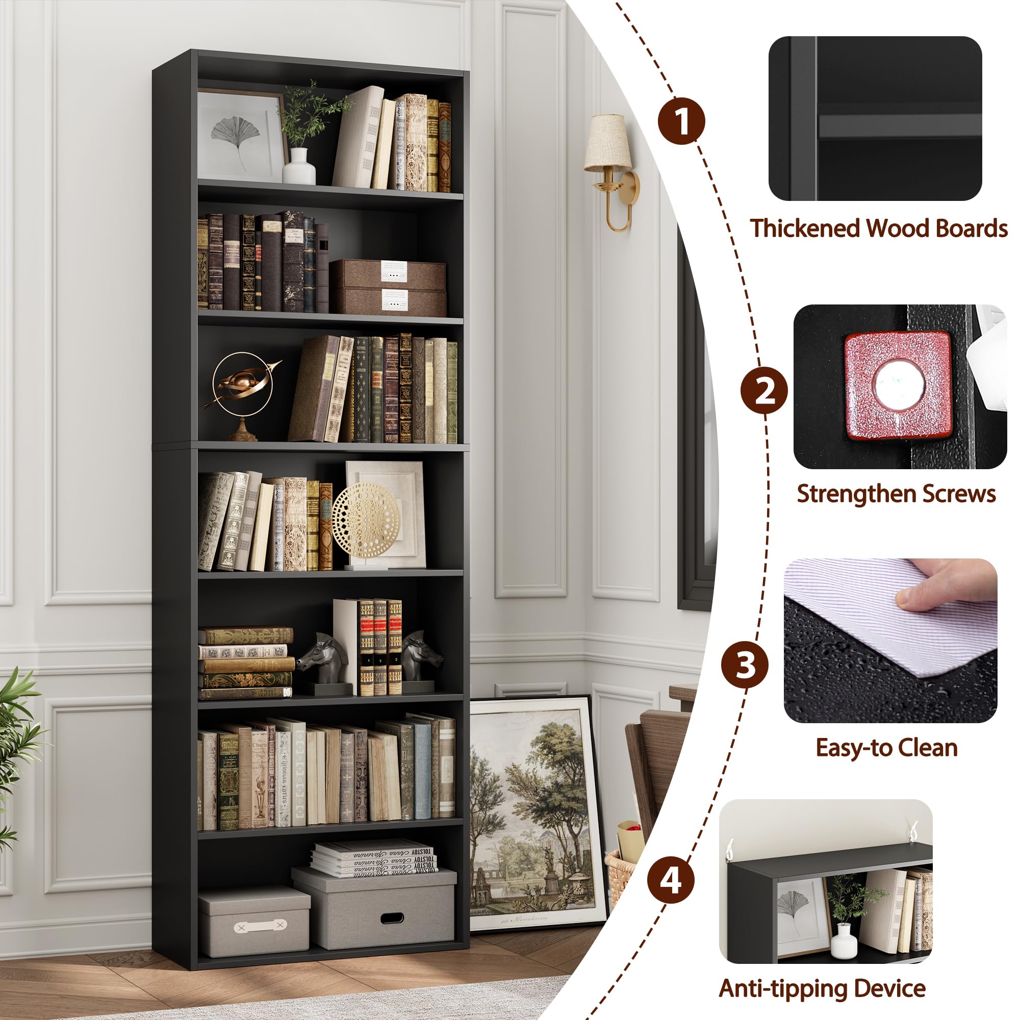 FACBOTALL 82" Tall Bookshelf, 7-Tier Open Shelves Bookcase, Freestanding Display Storage Shelves, Tall Bookcase Home Decor Furniture for Home Office, Living Room, Bedroom, Black