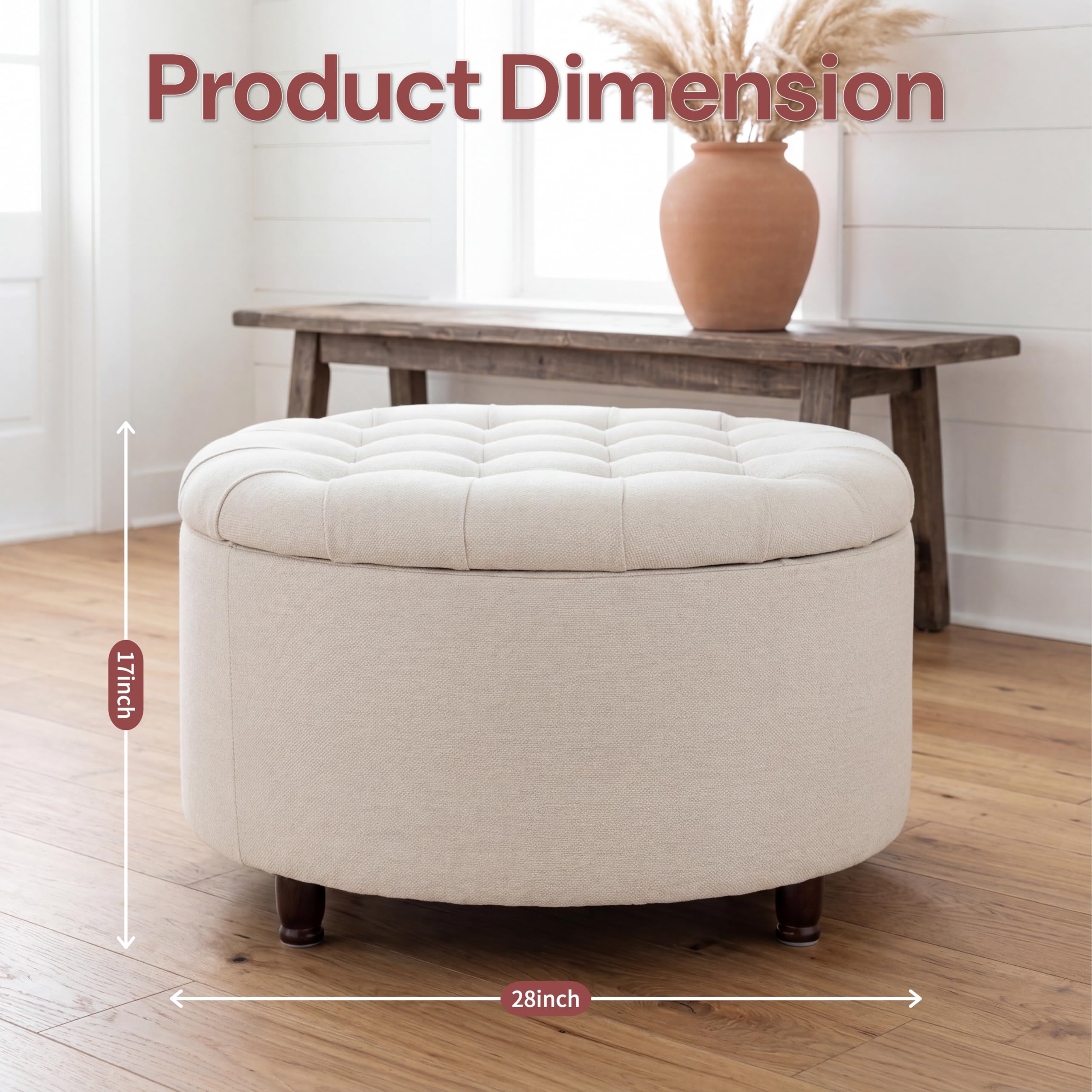 28" Round Storage Ottoman with Wooden Legs – White