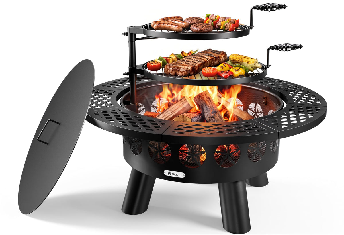VBAL 36 Inch Fire Pit, 3 in 1 Wood Burning Fire Pit with 2 Grill Grates Heavy Duty Outdoor Fire Pit BBQ Grill & Dining Table with Fire Poker, Lid & Waterproof Cover for Patio, Backyard, Garden