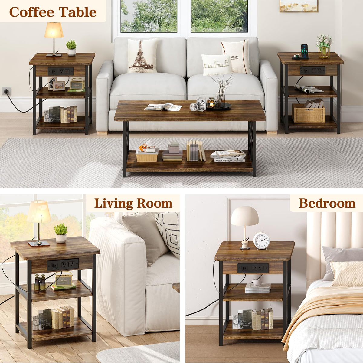 AWQM 3 Piece Coffee Table Set,End Table with Charging Station(Walnut)