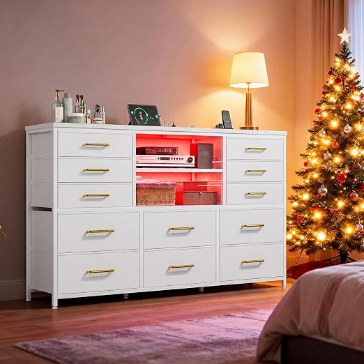 12-Drawer Dresser with LED Lights & TV Stand