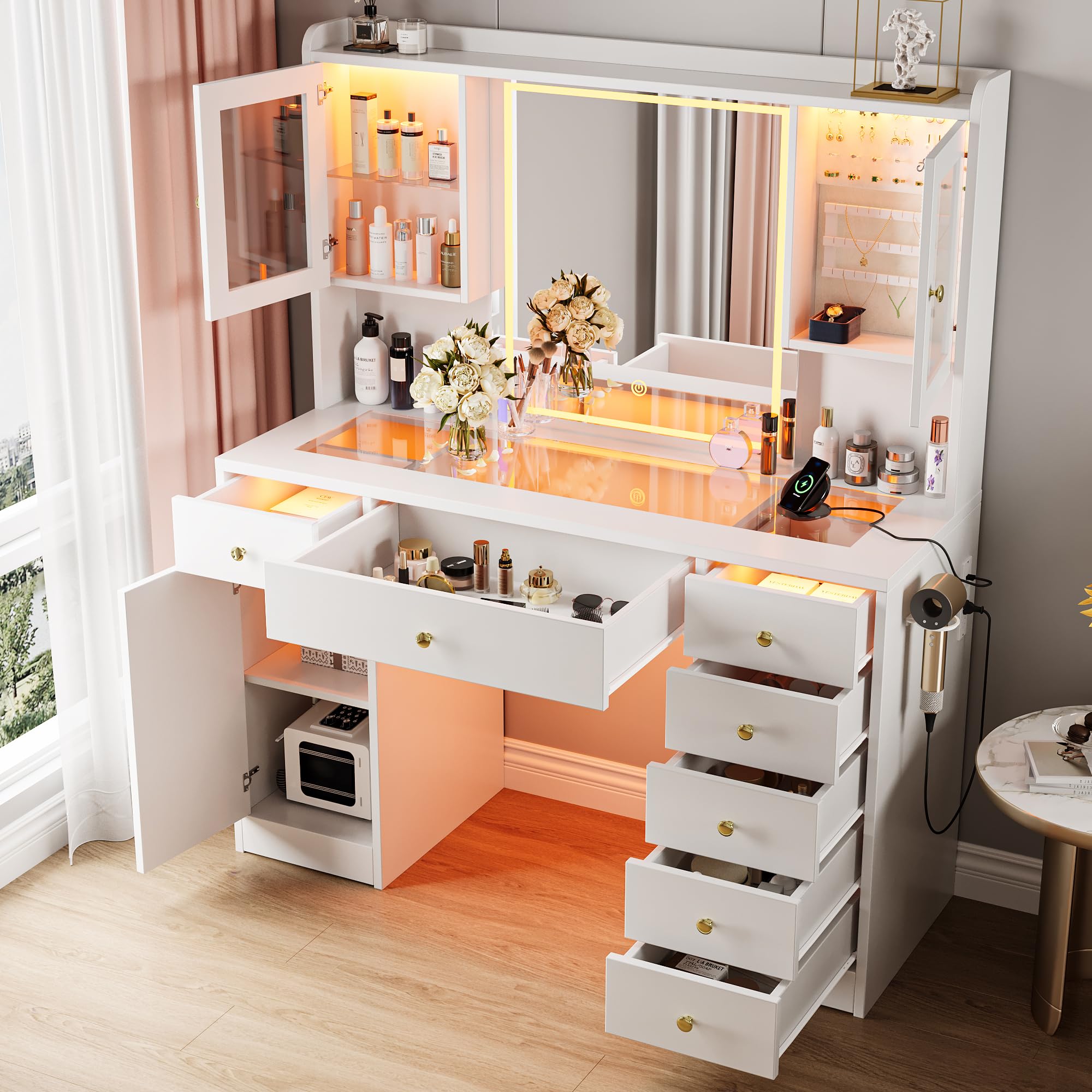 Einhomn Makeup Vanity Desk with Mirror & LED Lights, Large Glass Top Vanity Table with 7 Drawers & 3 Cabinets, Modern Dressing Table with Charging Station & RGB Lights for Bedroom, White