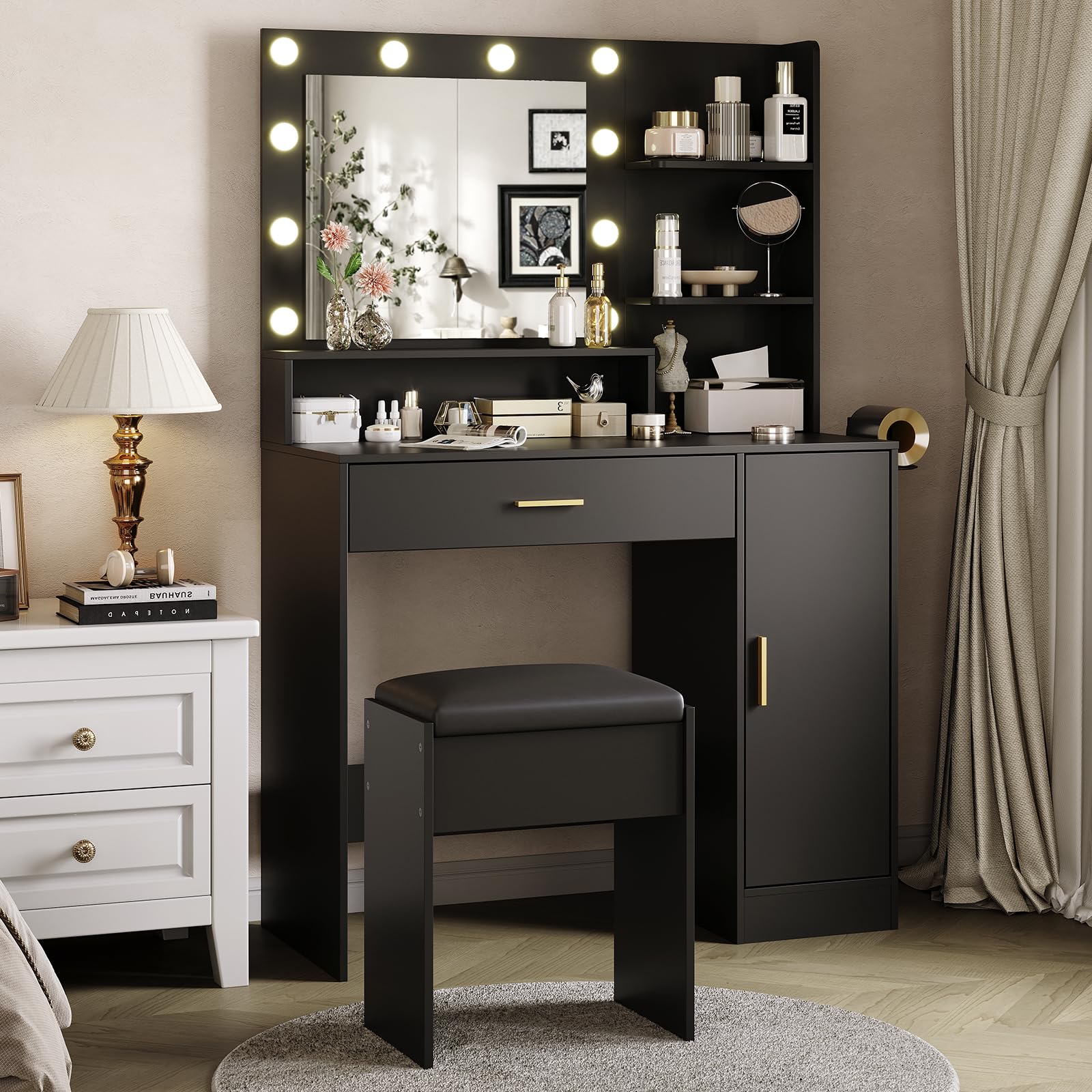GarveeHome Makeup Vanity Desk with HD Mirror & 10 LED Bulbs, Dressing Table with Charging Station, Adjustable 3 Lighting Modes, Hairdryer Rack & Cushion Stool, Modern Bedroom Vanity Set, Black