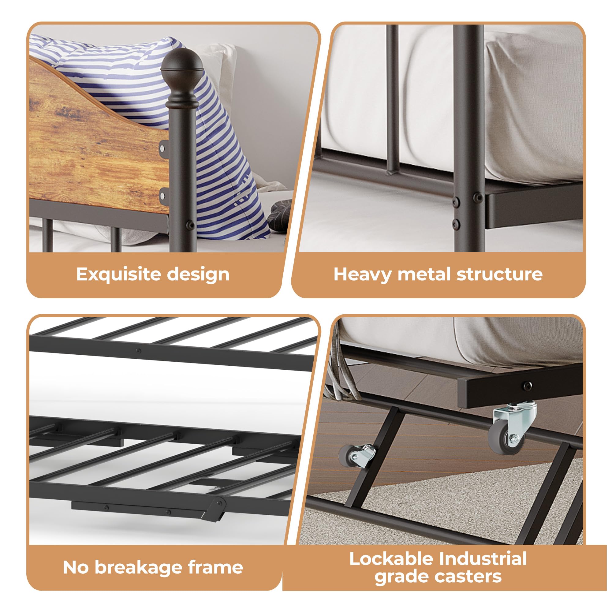 IDEALHOUSE Twin Metal Daybed with Pop-Up Trundle, Heavy Duty Steel Slats Platform Bed with Stylish Headboard, Convertible Sofa Bed Frame for Living Room, Bedroom, or Guest Room, Brown