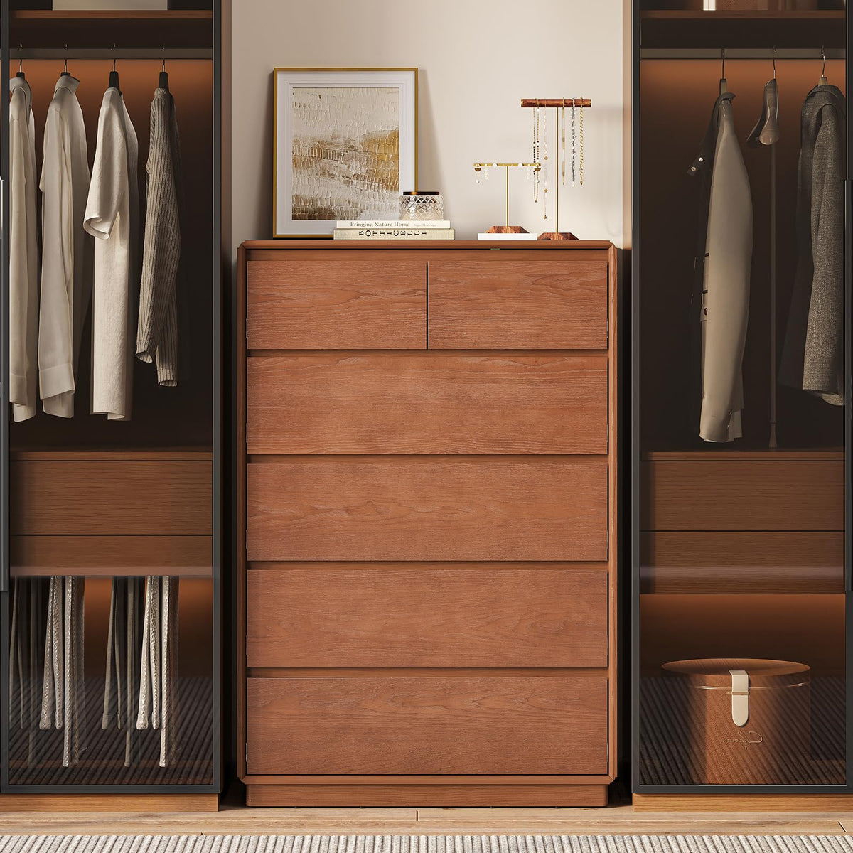 SUCSSRICH Solid Wood Dresser, 45.3" Tall Mid Century Modern Dresser, Brown